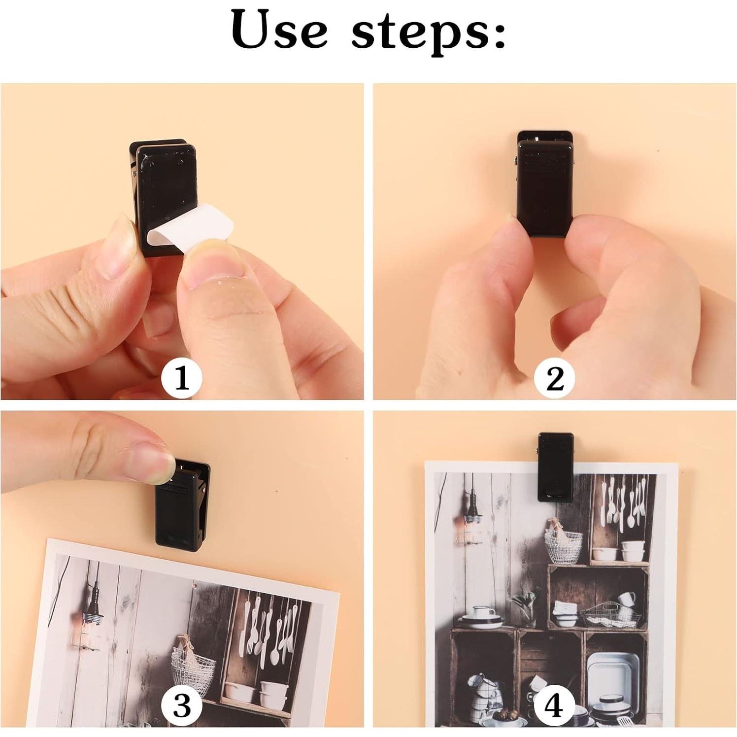 20 Clips Adhesivos Negros Prudiut para Colgar Fotos y Pósters