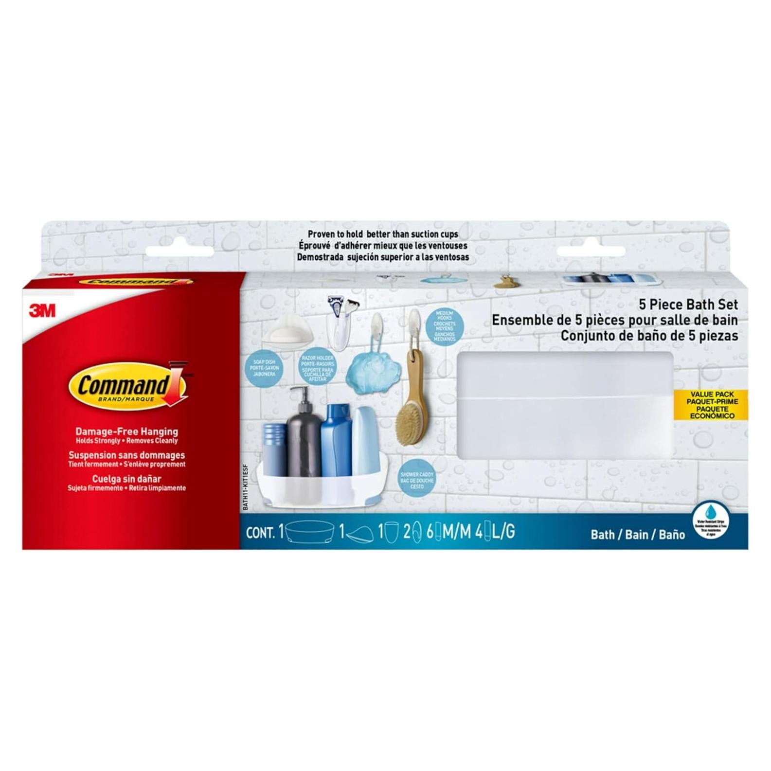 Juego organizador de baño Command 5 piezas - Caddy, jabonera, soporte cepillos