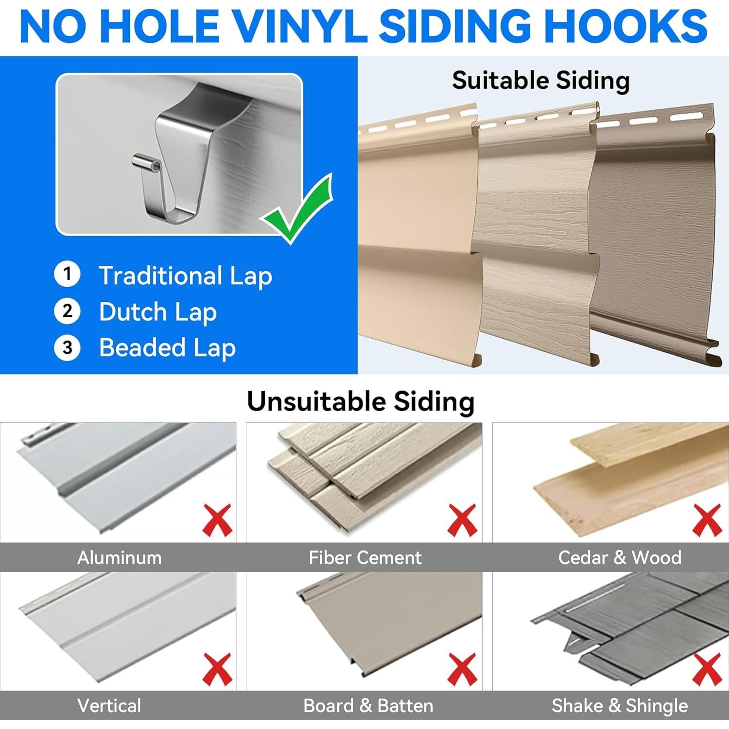 Ganchos para Revestimiento de Vinilo MIUKAA - Paquete de 8, 5.44 kg