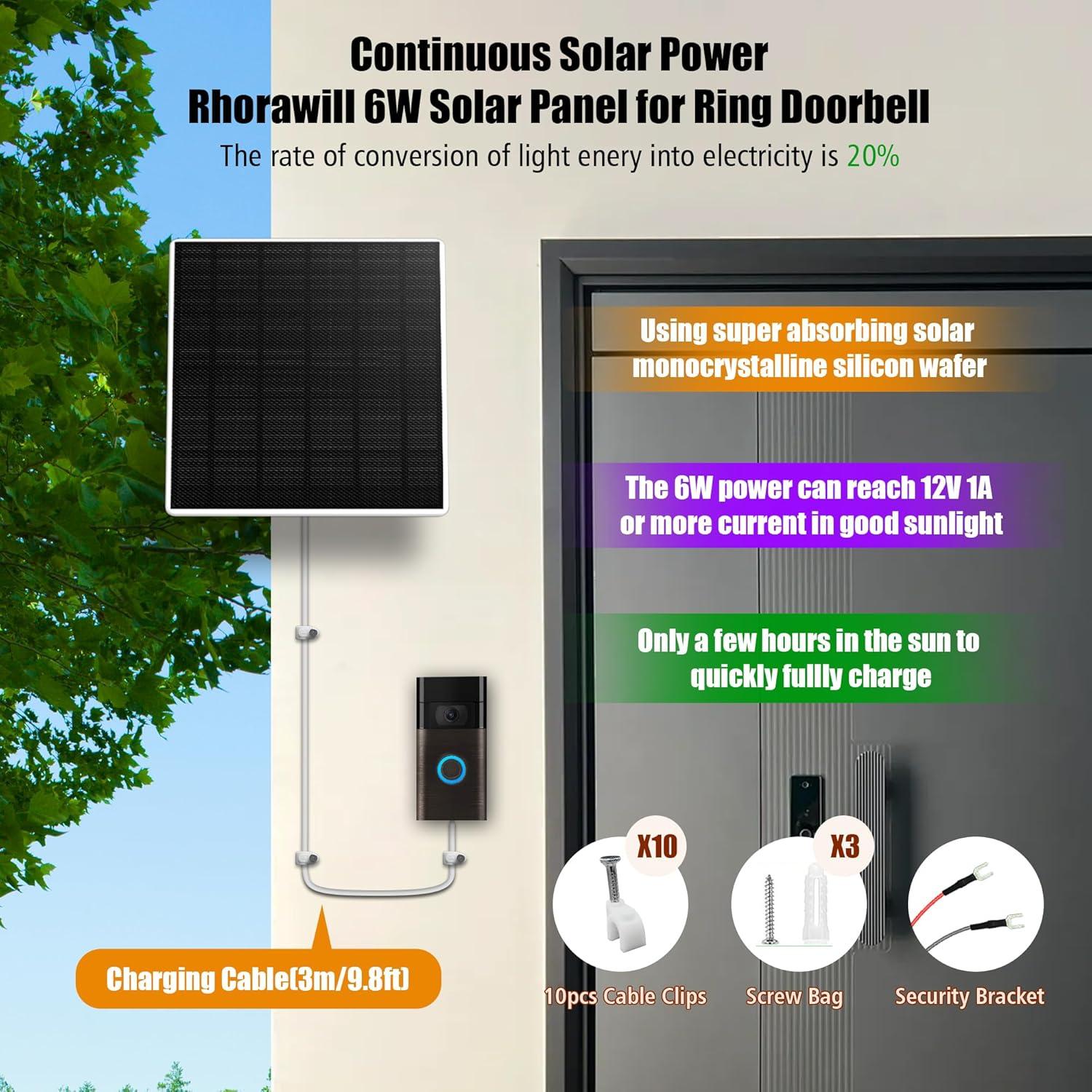Solar Panel for Ring Doorbell 1/2/3/3+/4, Video Doorbell, Ring Battery Doorbell, Solar Charger 6W AC 9V Waterproof, Adjustable Panel Mount, 9.8ft Cable