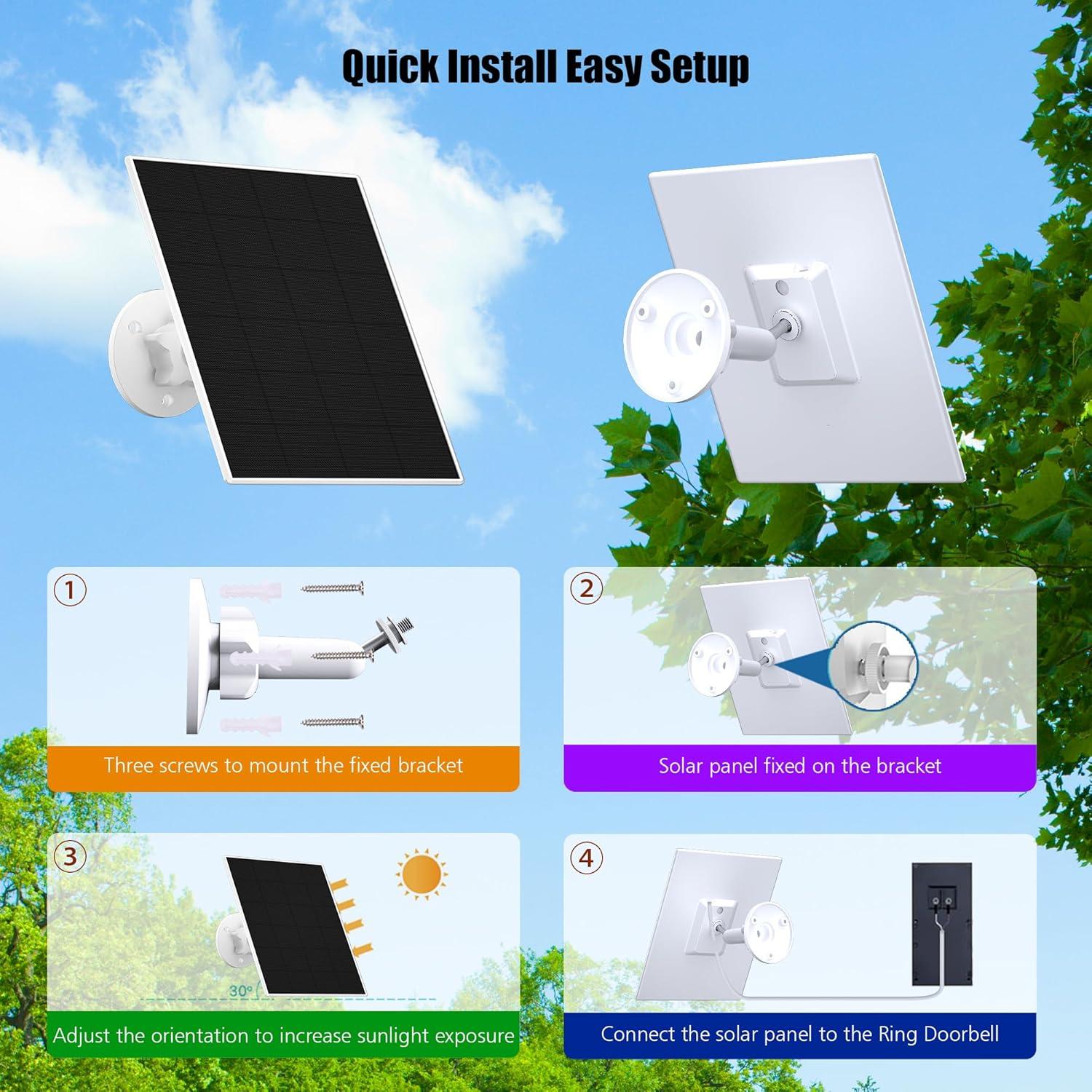 Solar Panel for Ring Doorbell 1/2/3/3+/4, Video Doorbell, Ring Battery Doorbell, Solar Charger 6W AC 9V Waterproof, Adjustable Panel Mount, 9.8ft Cable