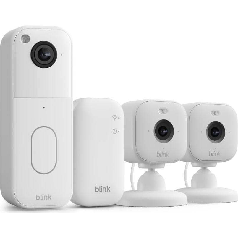 All-new Blink Video Doorbell + Mini 2 – Motion & chime alerts, HD viewing, and two way audio. Sync Module Core included – 1 camera system + two Mini 2 (White/White)
