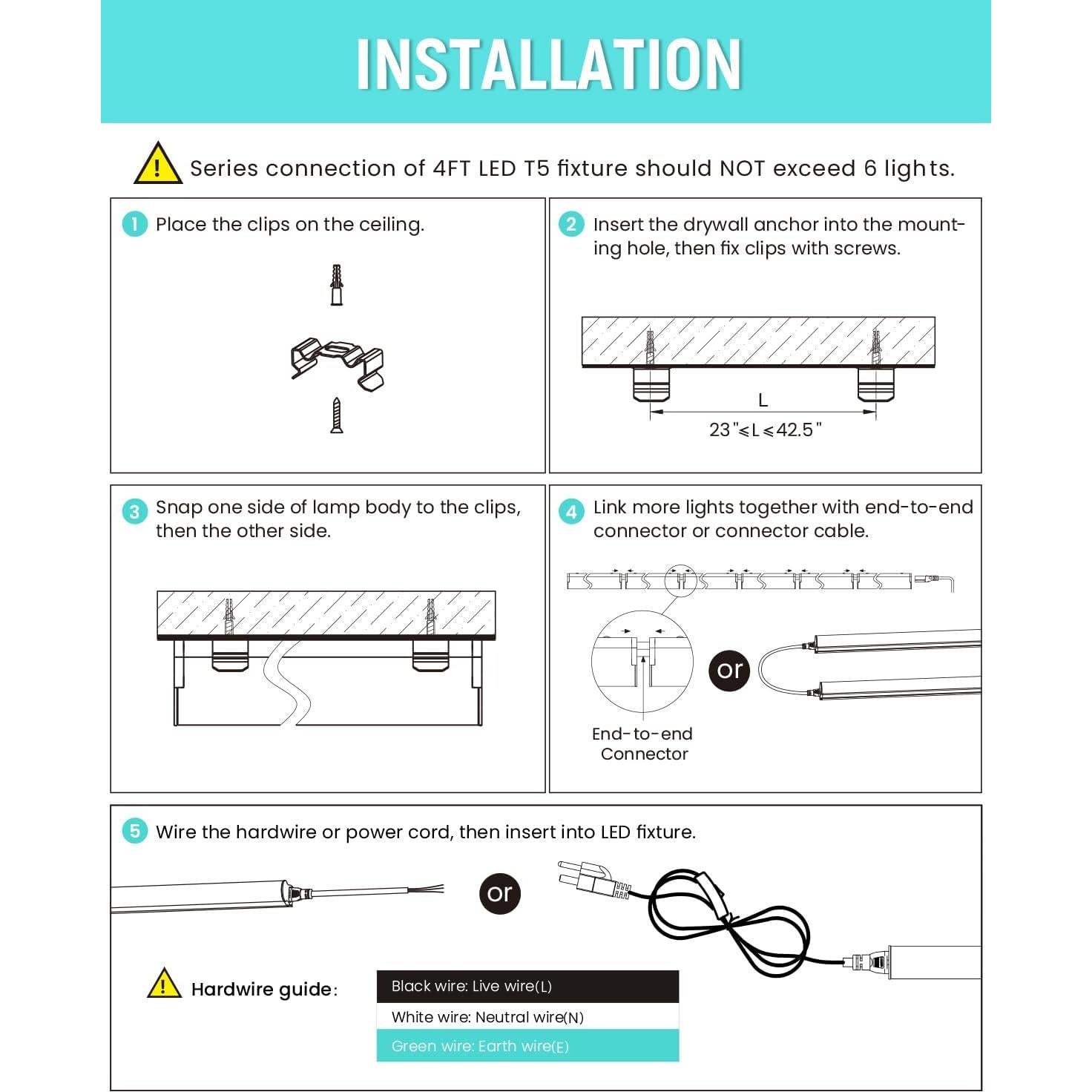 Luz LED T5 4FT 20W 2300LM 6500K SUNLINKCO - 6 Paquete