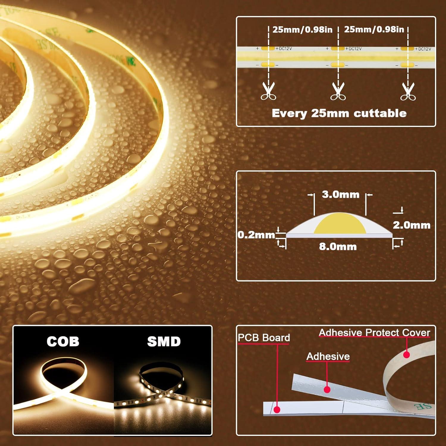 Tira LED COB 12V 3000K Blanco Cálido IP65 5M 480LEDs/M