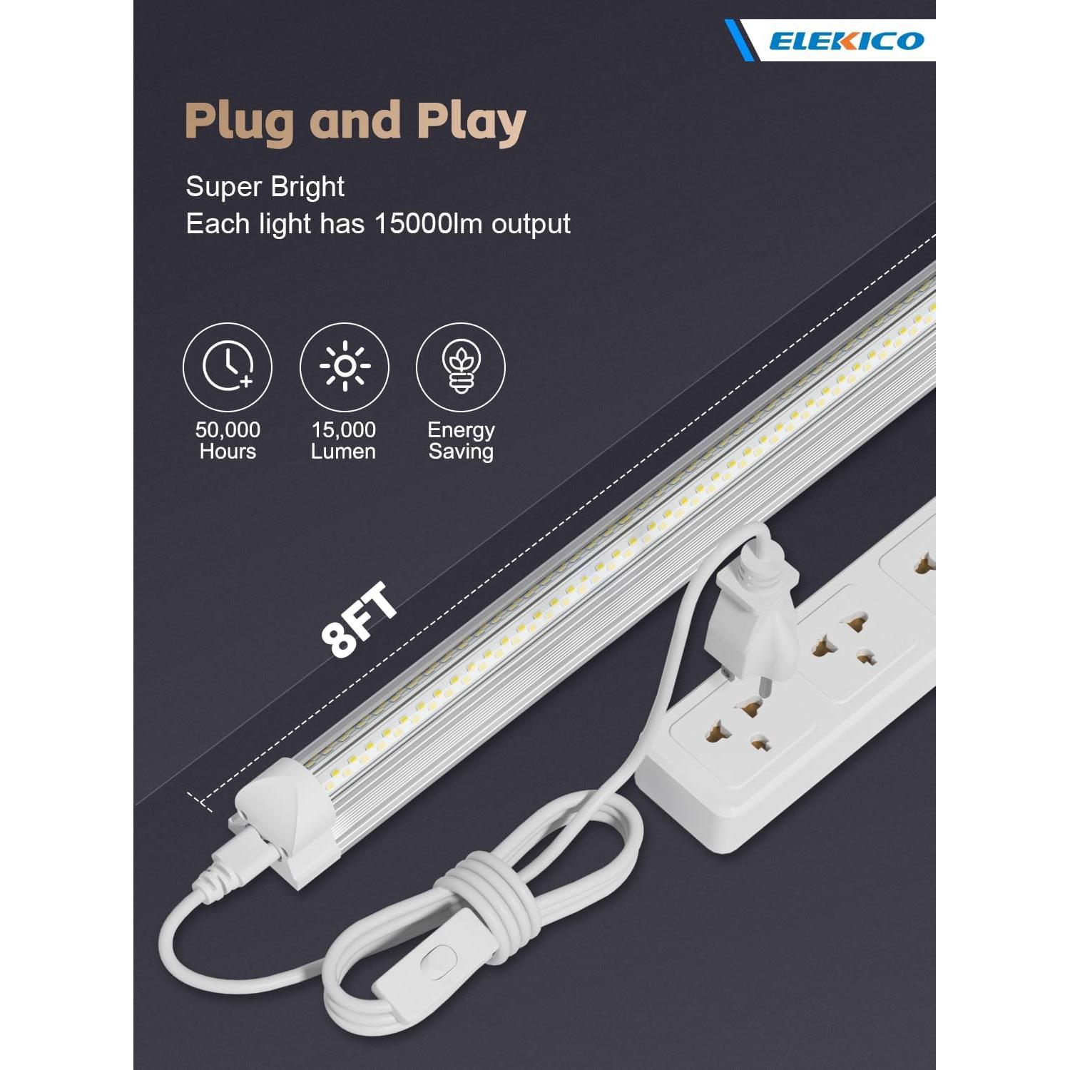 Paquete de 12 luces LED de taller ELEKICO 100W 8ft 15000lm