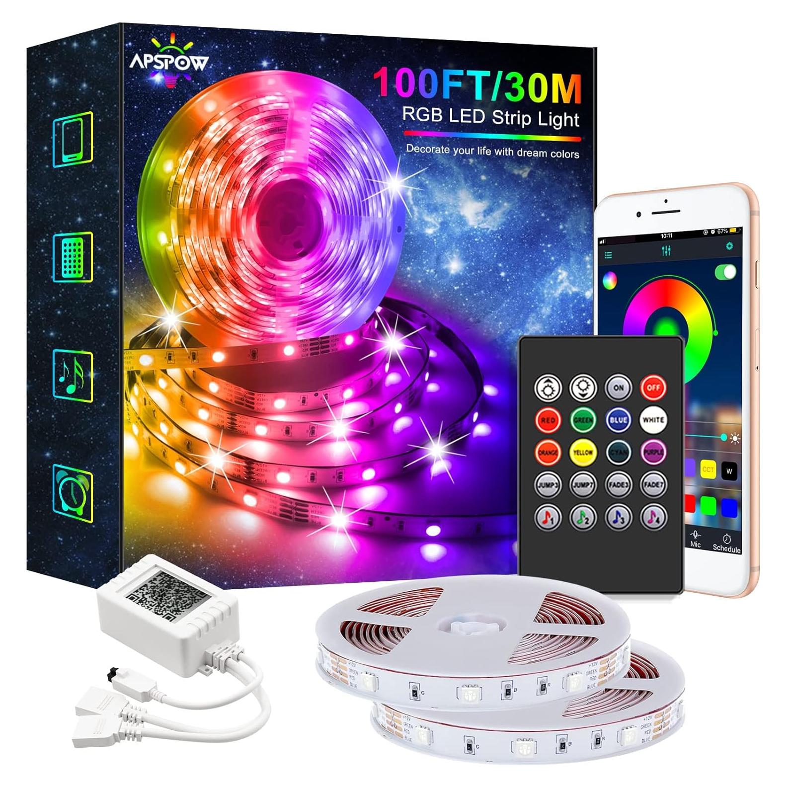 Tira LED 100FT APSPOW RGB Bluetooth Control Remoto Música