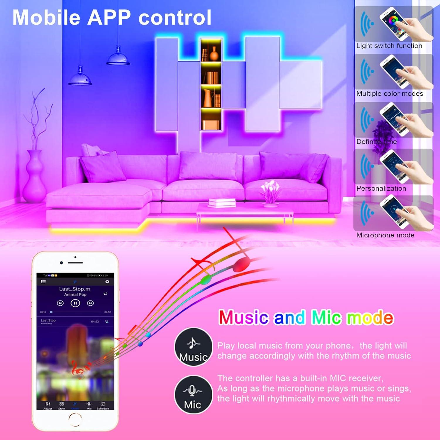 Tira LED 100FT APSPOW RGB Bluetooth Control Remoto Música