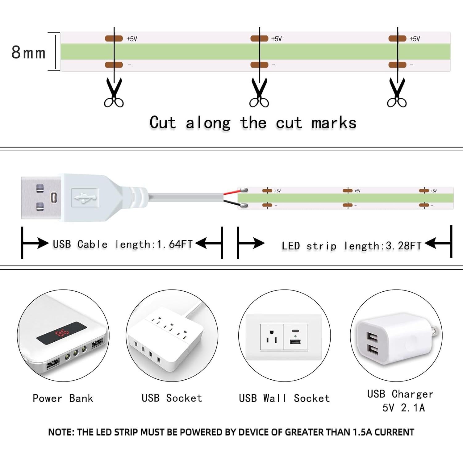 Tira LED COB Azul Hielo 1M USB 320 LEDs Alta Luminosidad