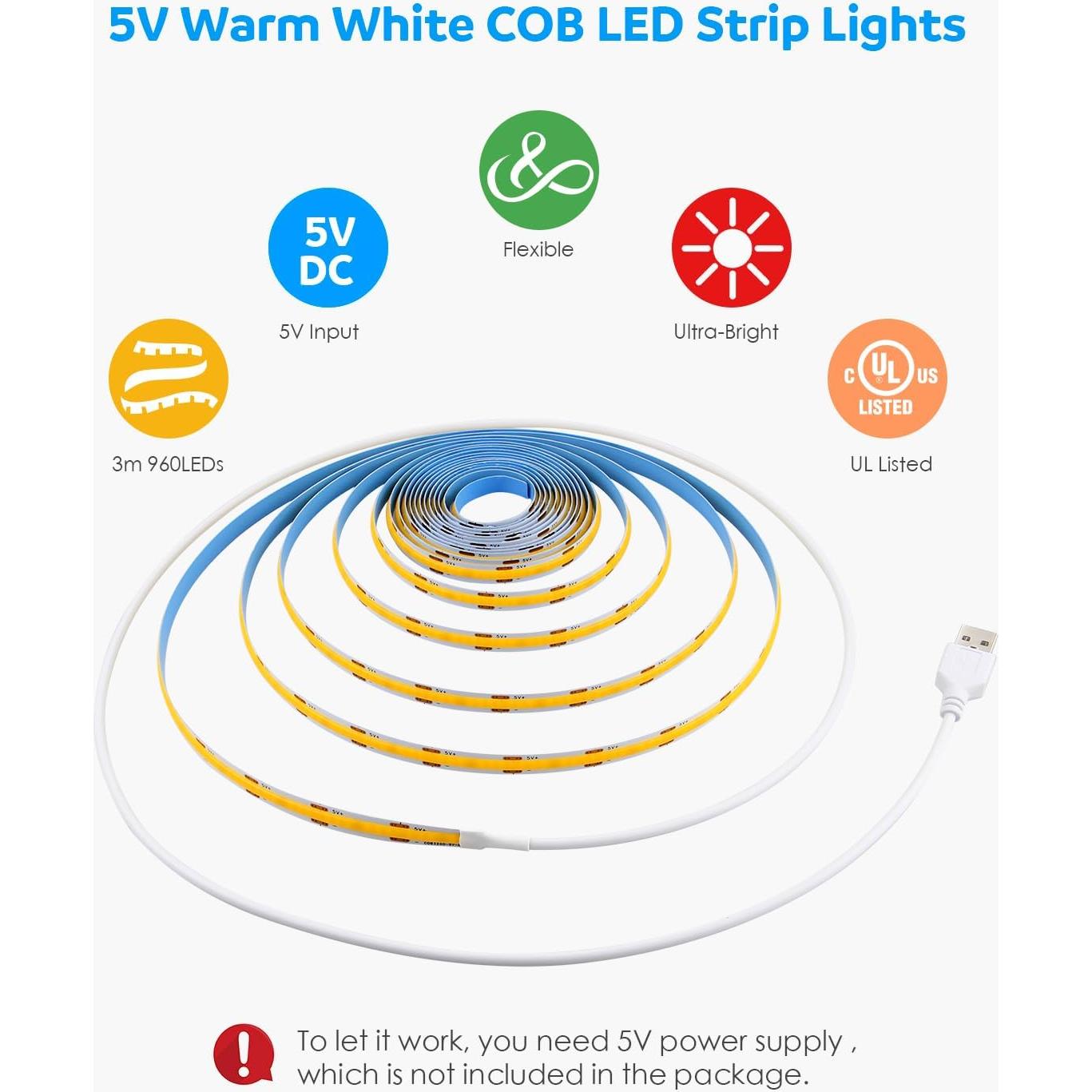 Cinta LED COB 5V USB 3M 320 LEDs Blanco Cálido 3000K