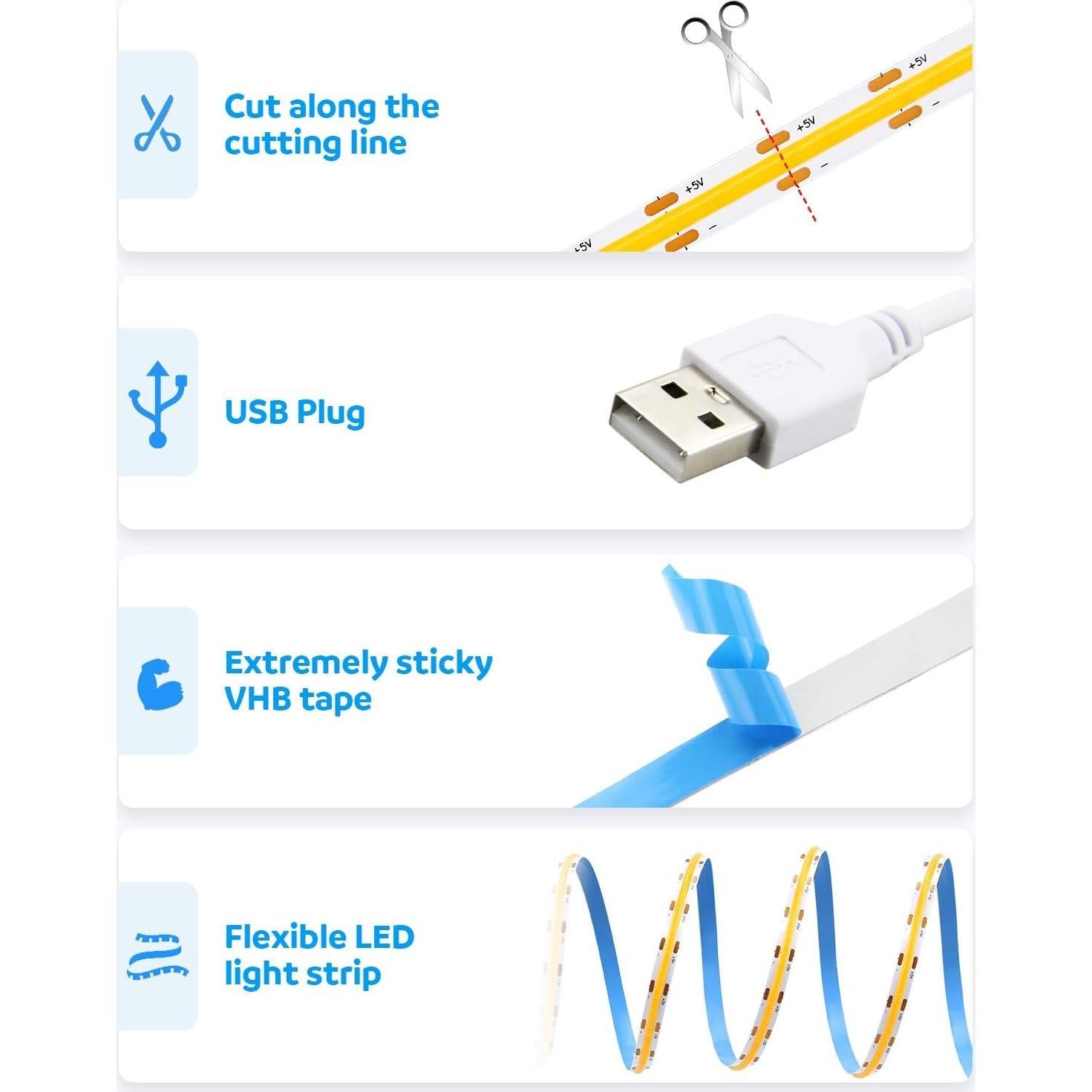 Cinta LED COB 5V USB 3M 320 LEDs Blanco Cálido 3000K