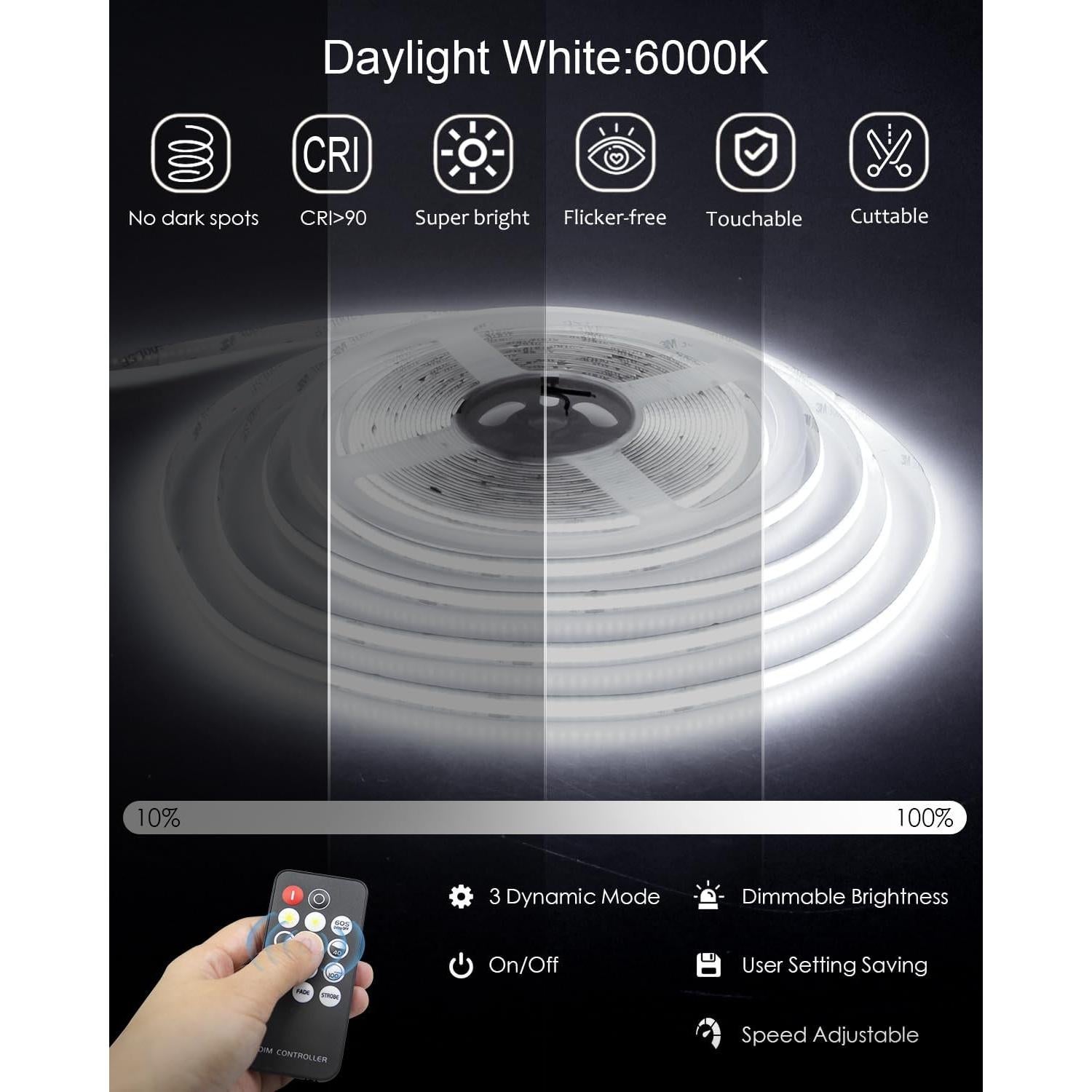 Tira LED COB 10m ALITOVE 24V Blanca Diurna 6500K Control Remoto