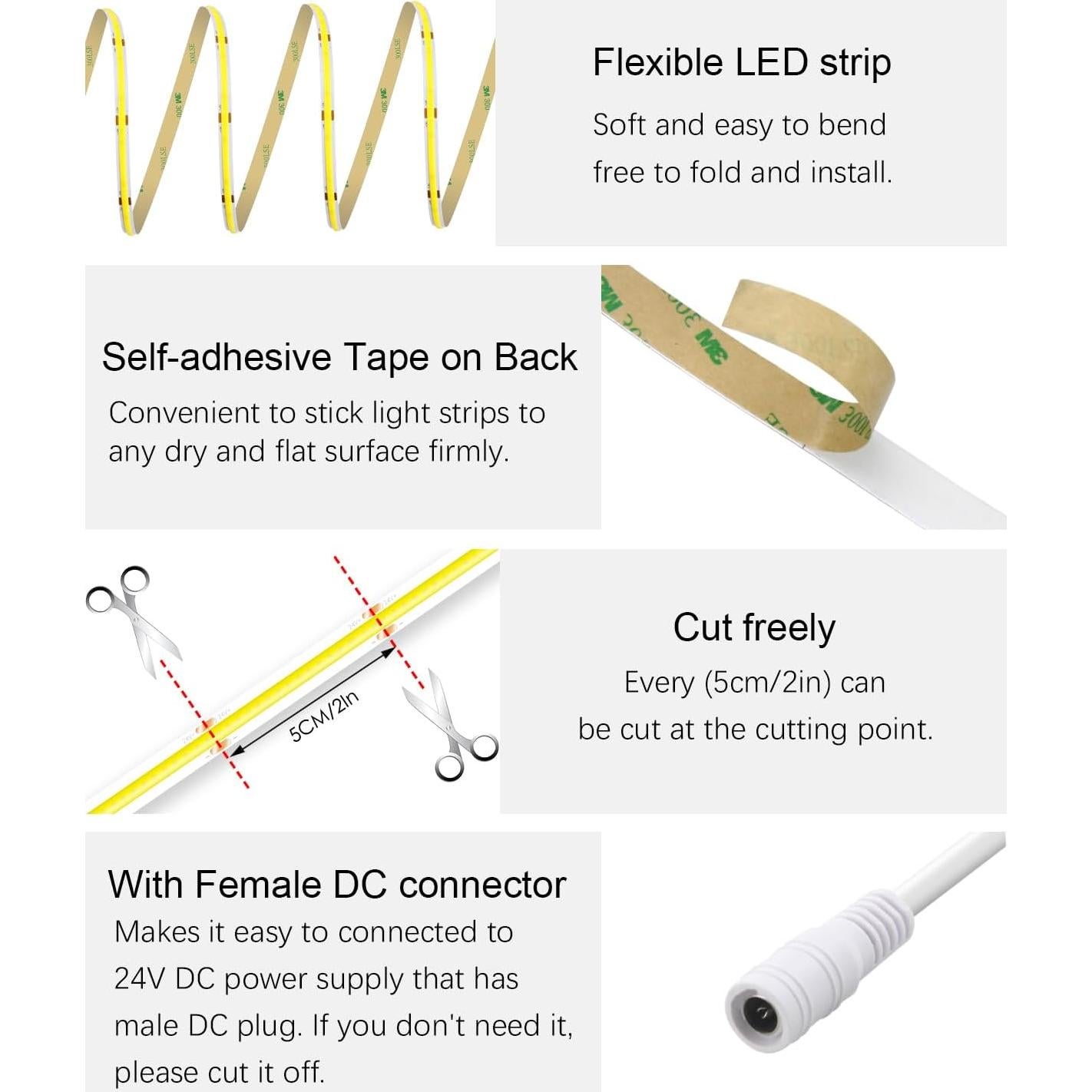 Tira LED COB 10m ALITOVE 24V Blanca Diurna 6500K Control Remoto