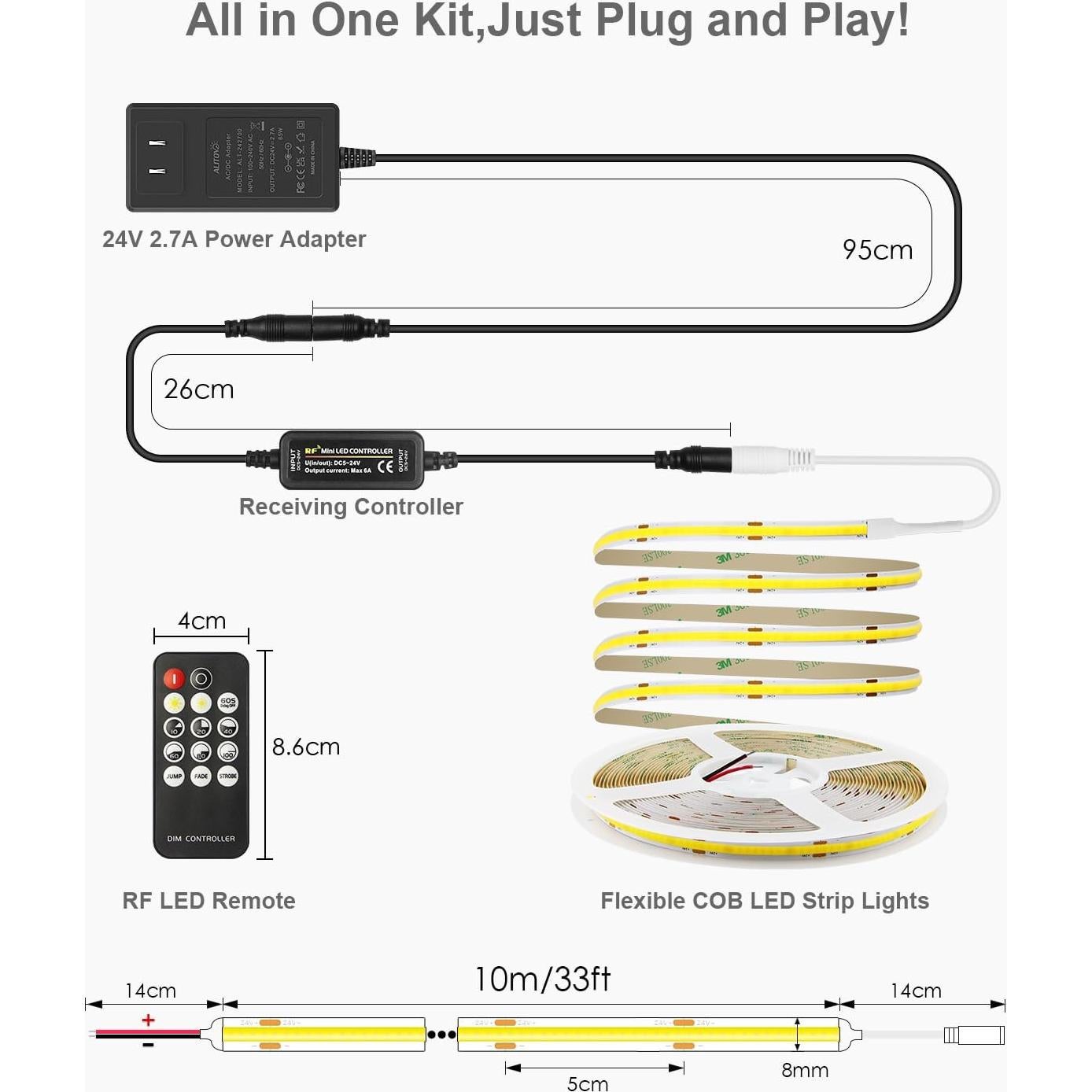 Tira LED COB 10m ALITOVE 24V Blanca Diurna 6500K Control Remoto