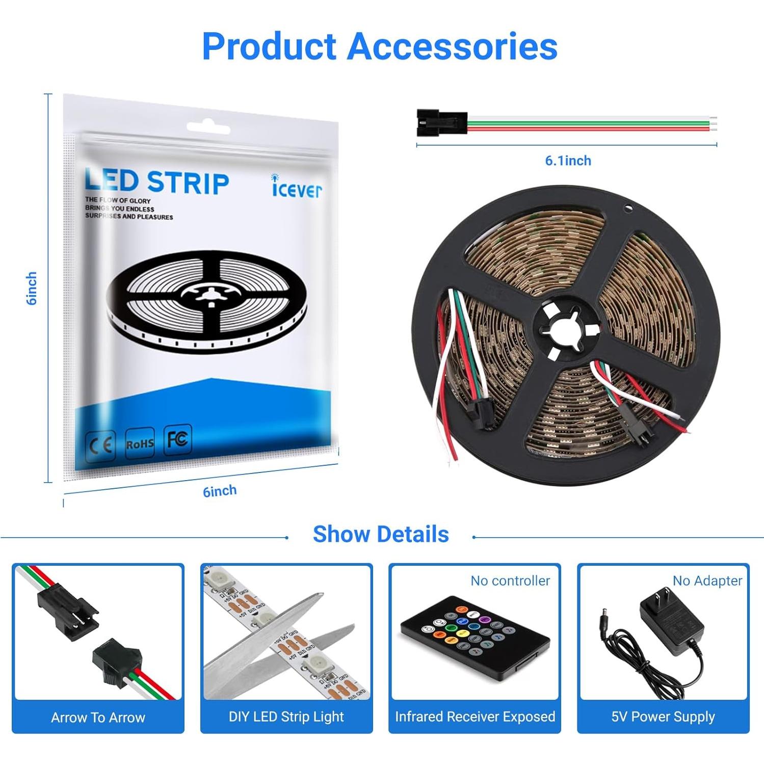 Tira de LED RGB 5V Icever WS2812B 16.4FT 300 LEDs IP30