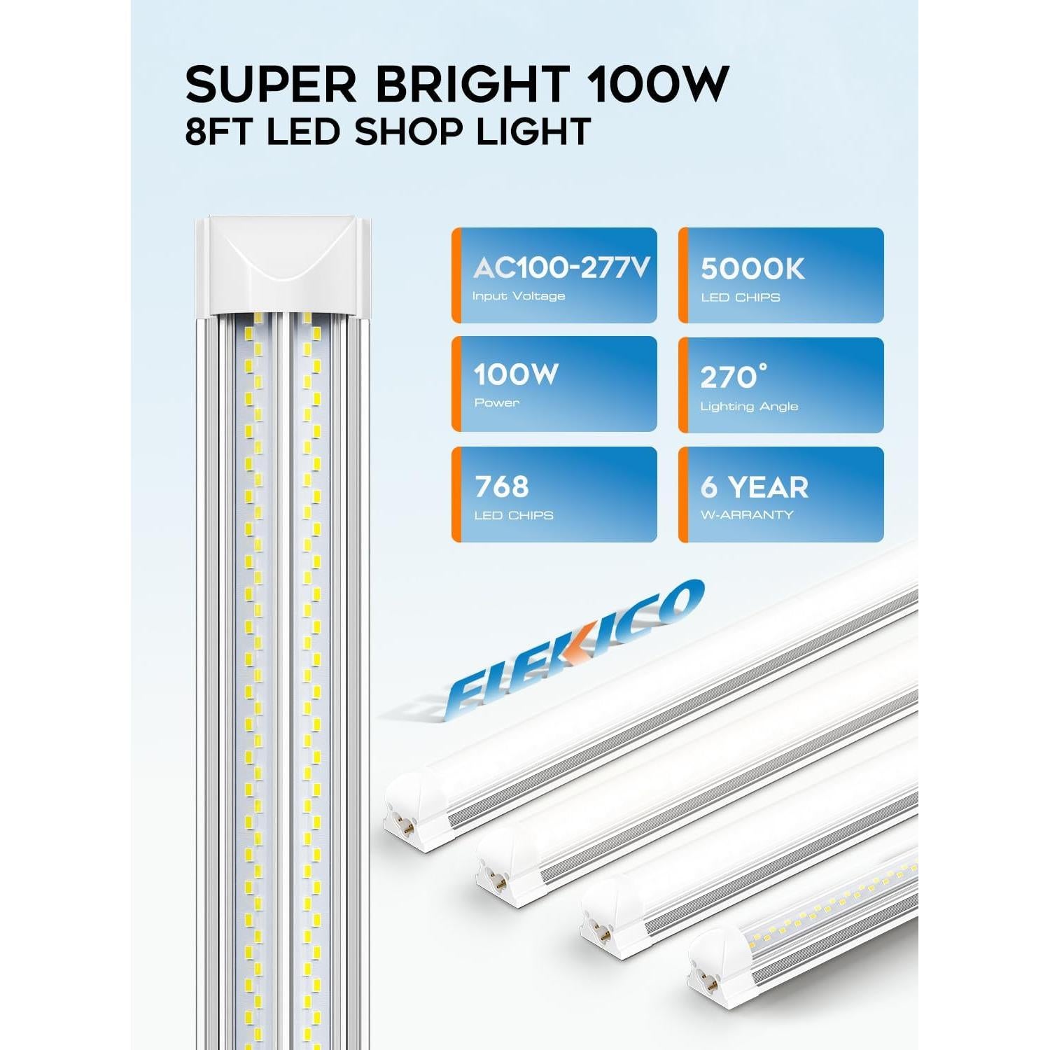 Luz de Taller LED 8FT ELEKICO 100W 15000lm Conectable 10 Pcs