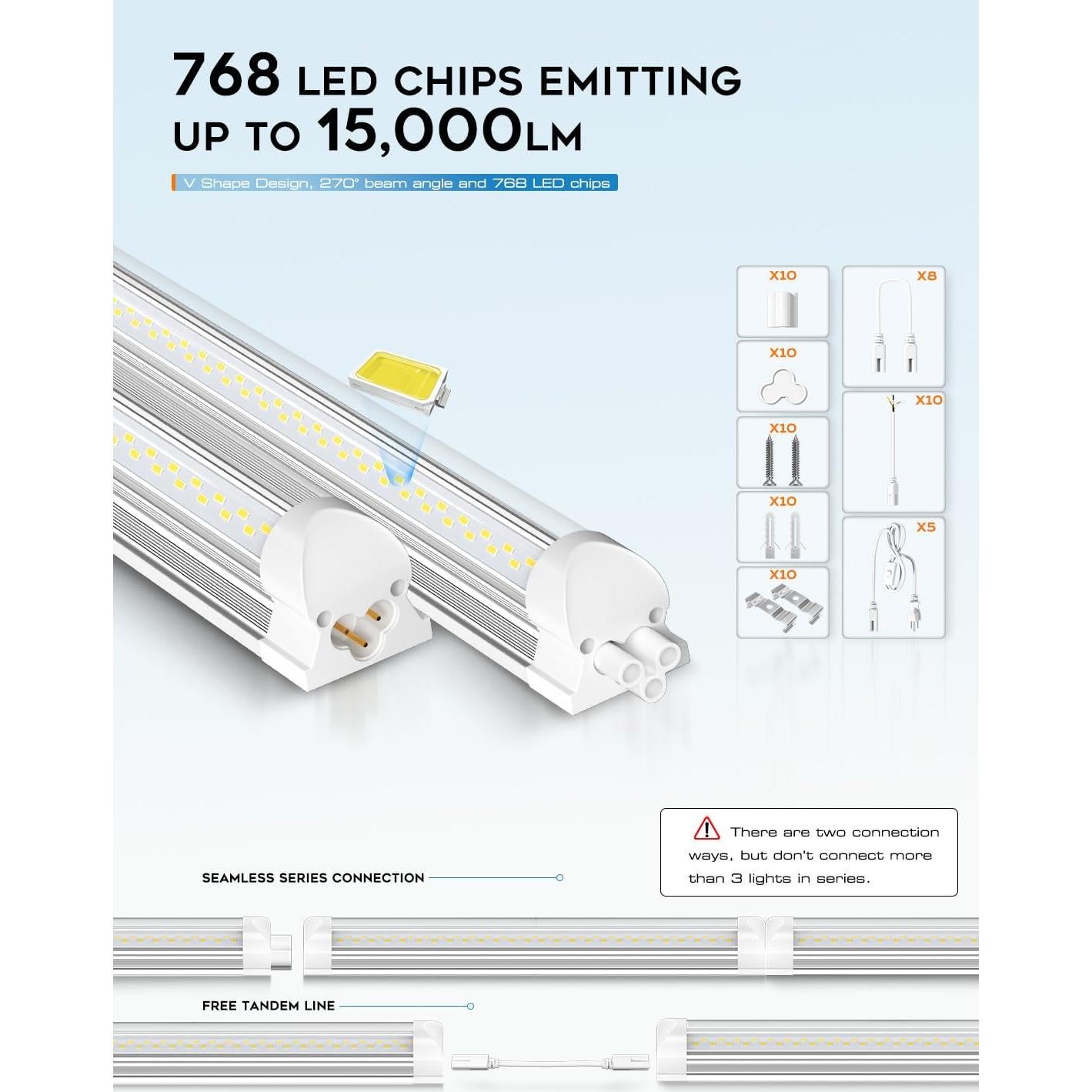 Luz de Taller LED 8FT ELEKICO 100W 15000lm Conectable 10 Pcs