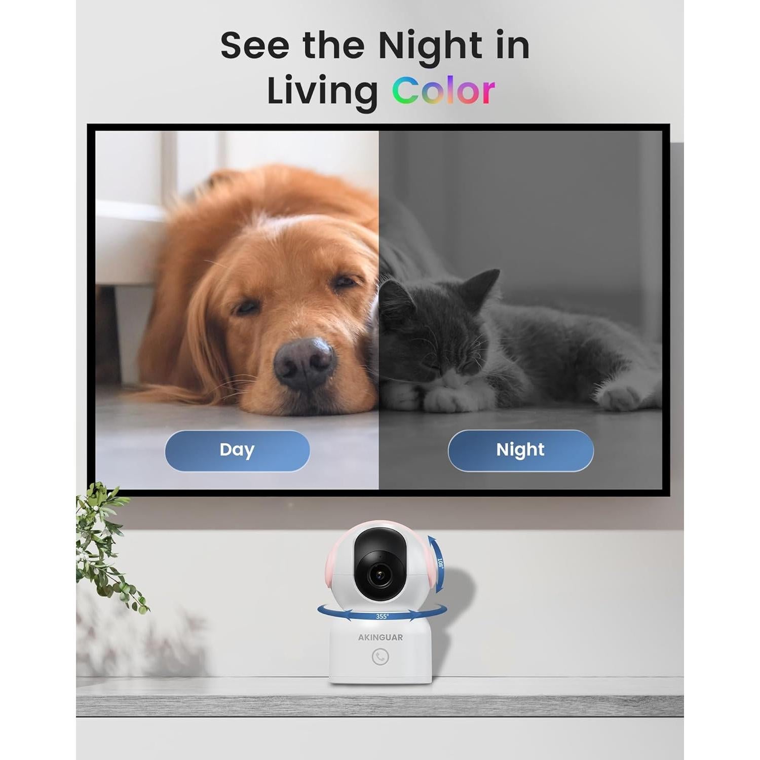 Cámara de Seguridad Inalámbrica 2K AKINGUAR Rosa con Visión Nocturna