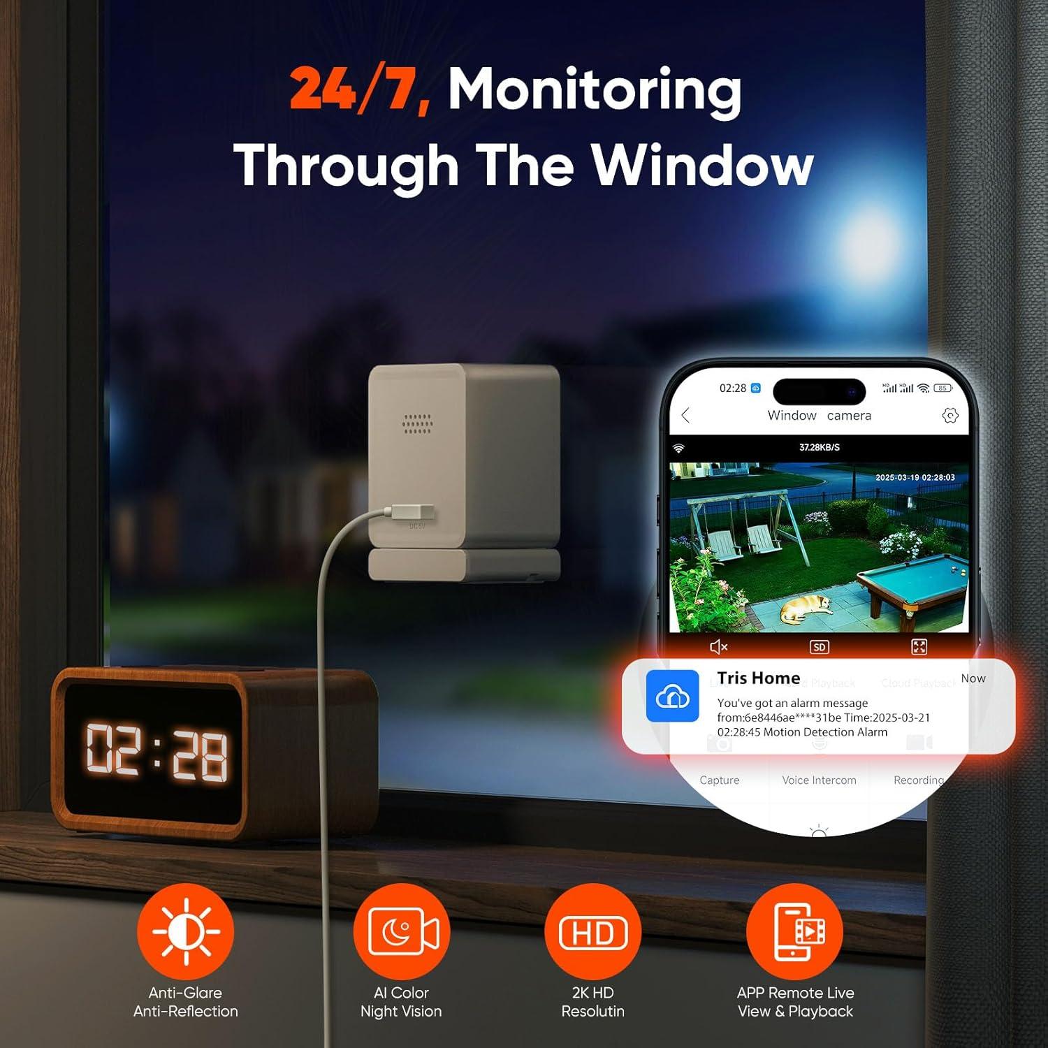 Cámara de Ventana GIVZECK 2K WiFi Inalámbrica con Visión Nocturna