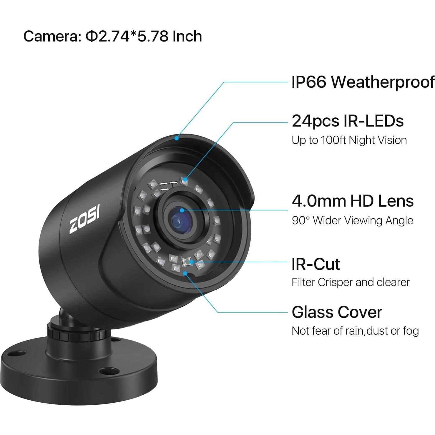Cámara de Seguridad ZOSI 4x2MP 1080p IP66 Visión Nocturna