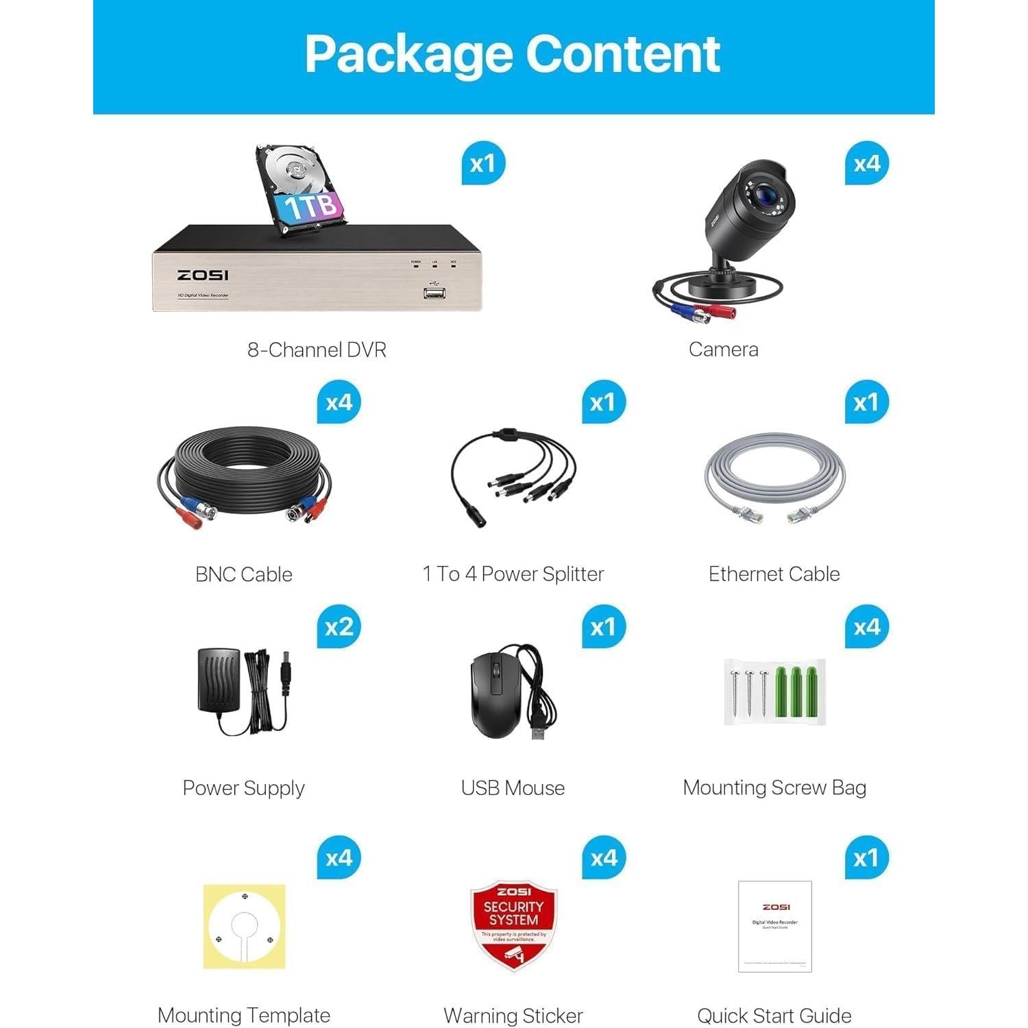 Sistema de Cámara de Seguridad ZOSI 8CH 1080P con 4 Cámaras y 1TB