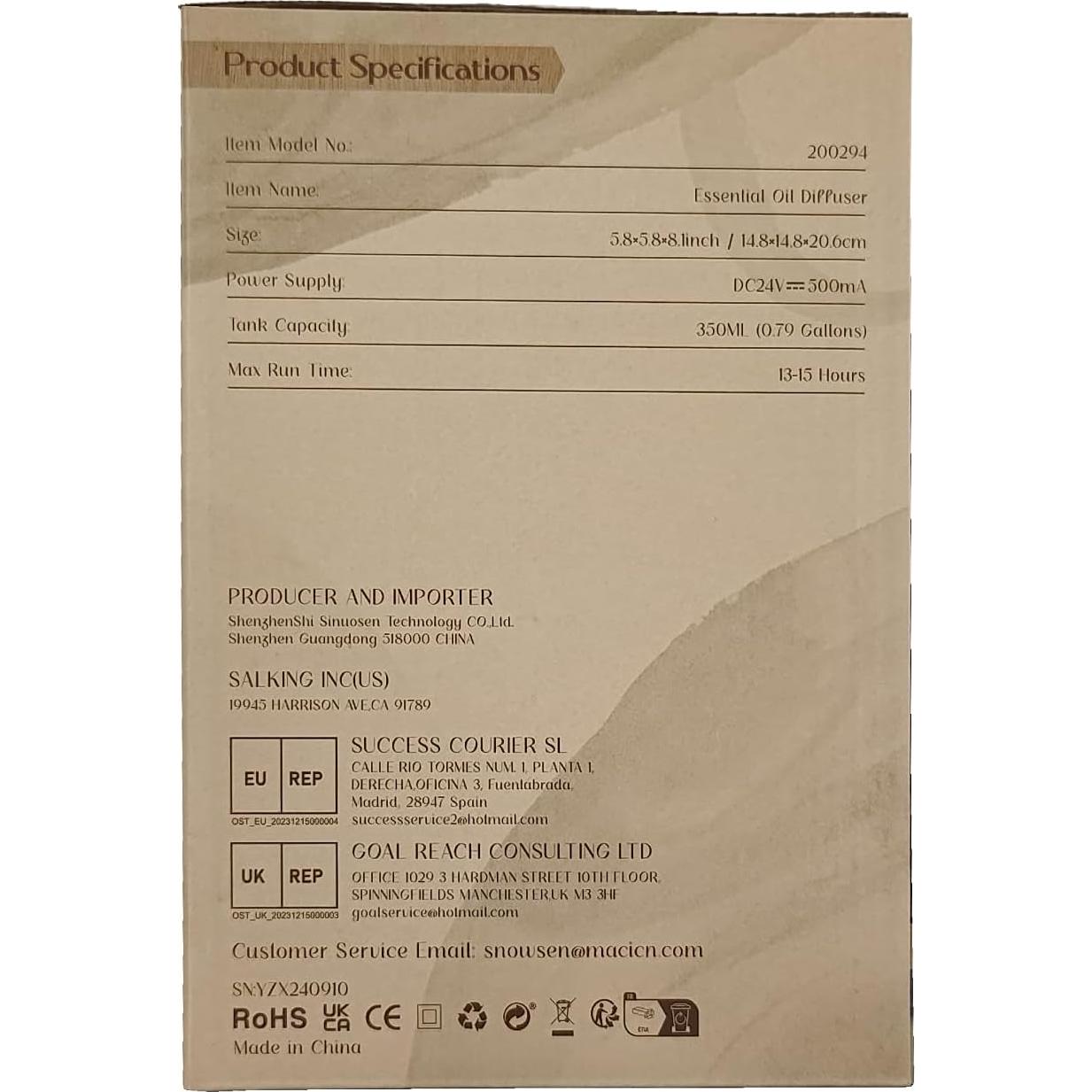 Difusor de Aceite Esencial SNOWSEN 350ml con Luz LED y Temporizador