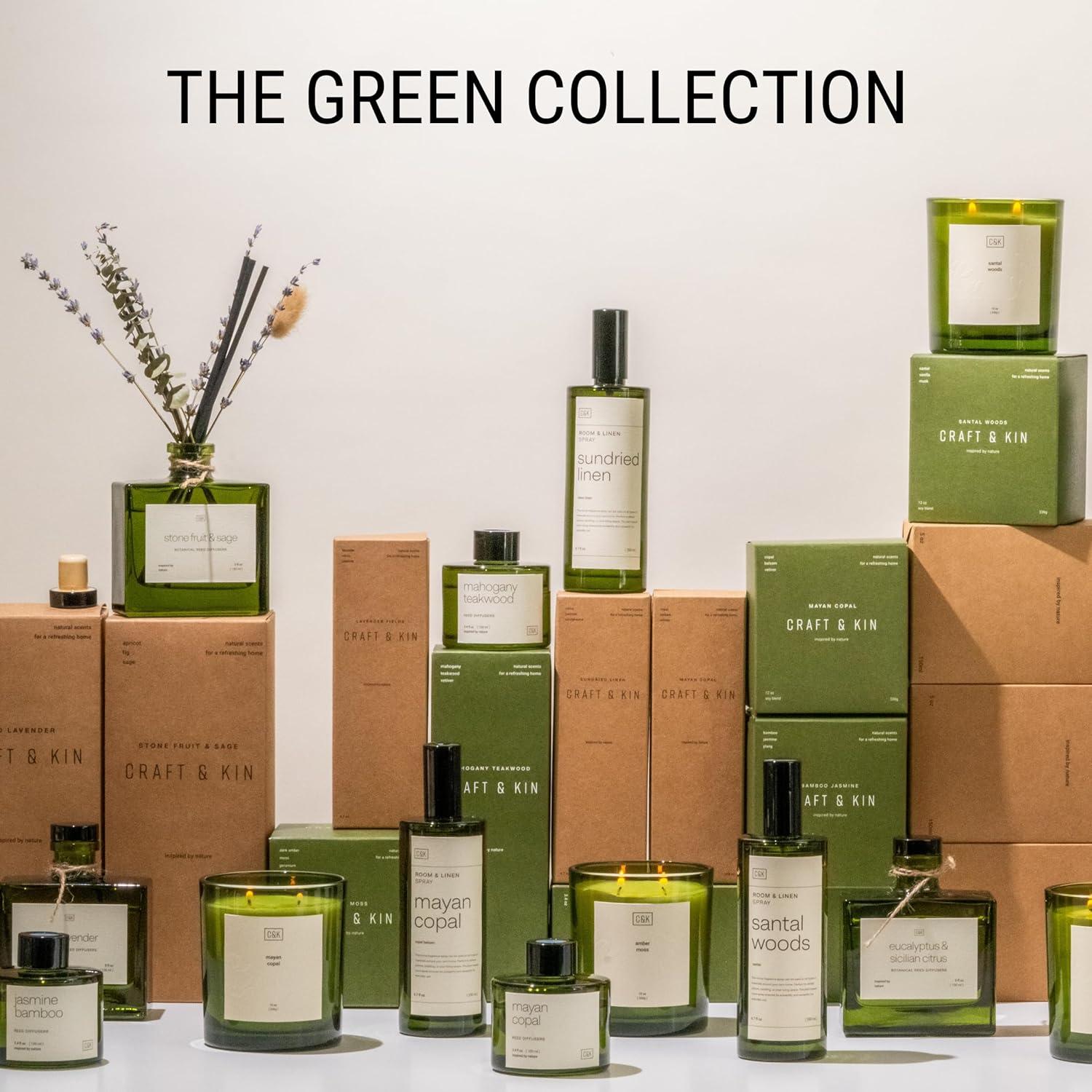 Difusor de caña Craft & Kin Musgo Ámbar 100ml en vidrio verde