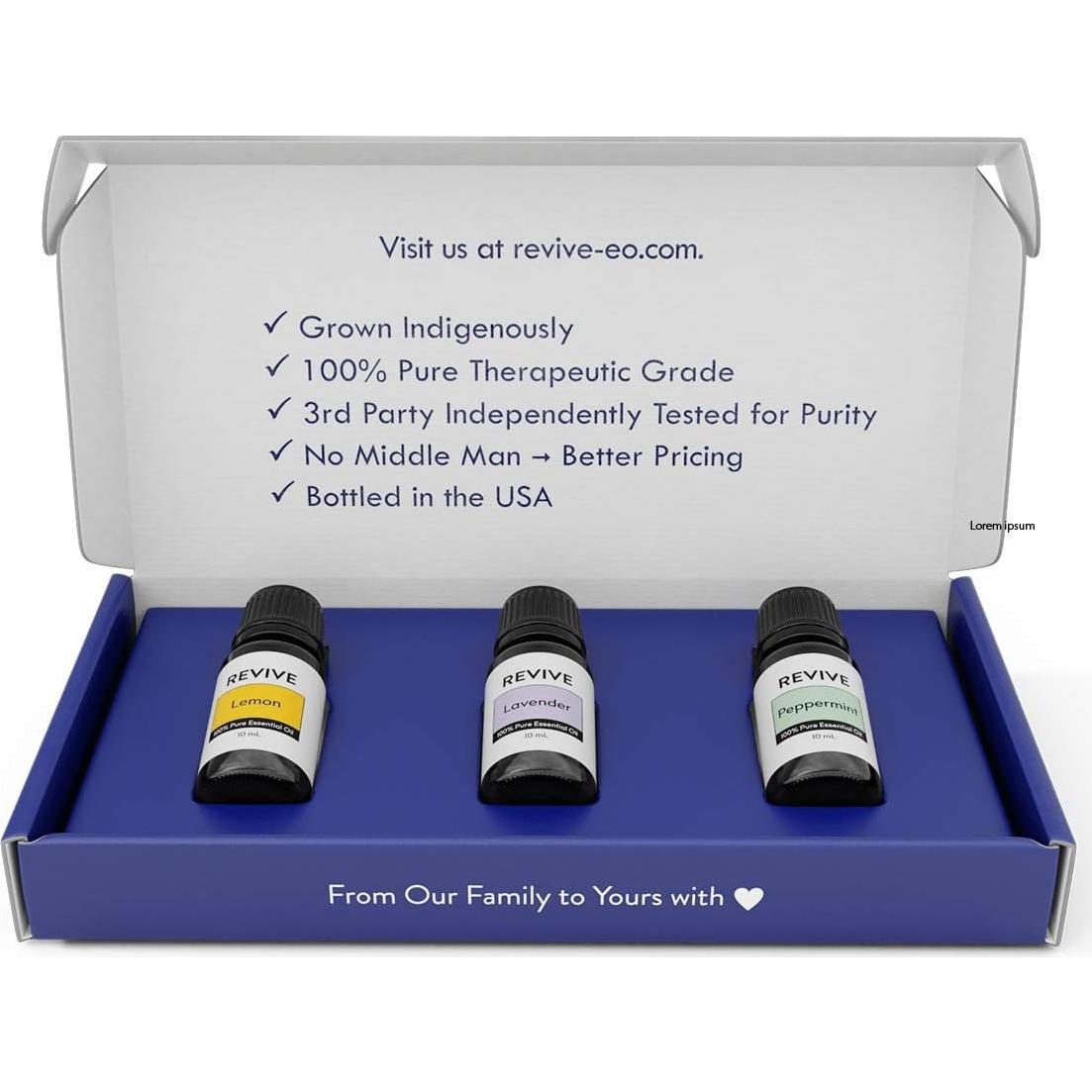 Kit de 3 Aceites Esenciales REVIVE - Lavanda, Limón, Menta 10ml