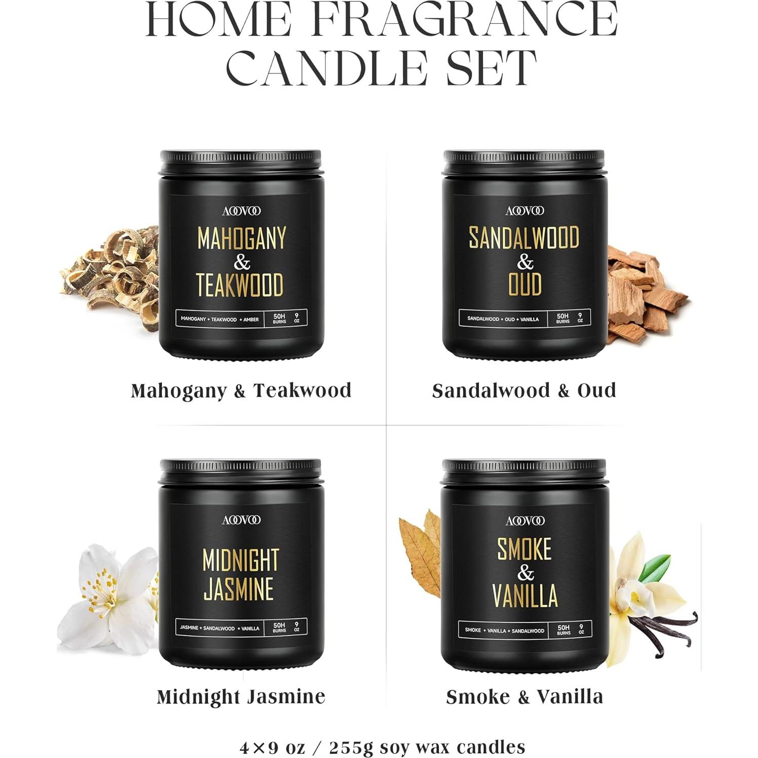 Set de Velas Aromáticas AOOVOO para Hombres - 4 Fragancias 1021g