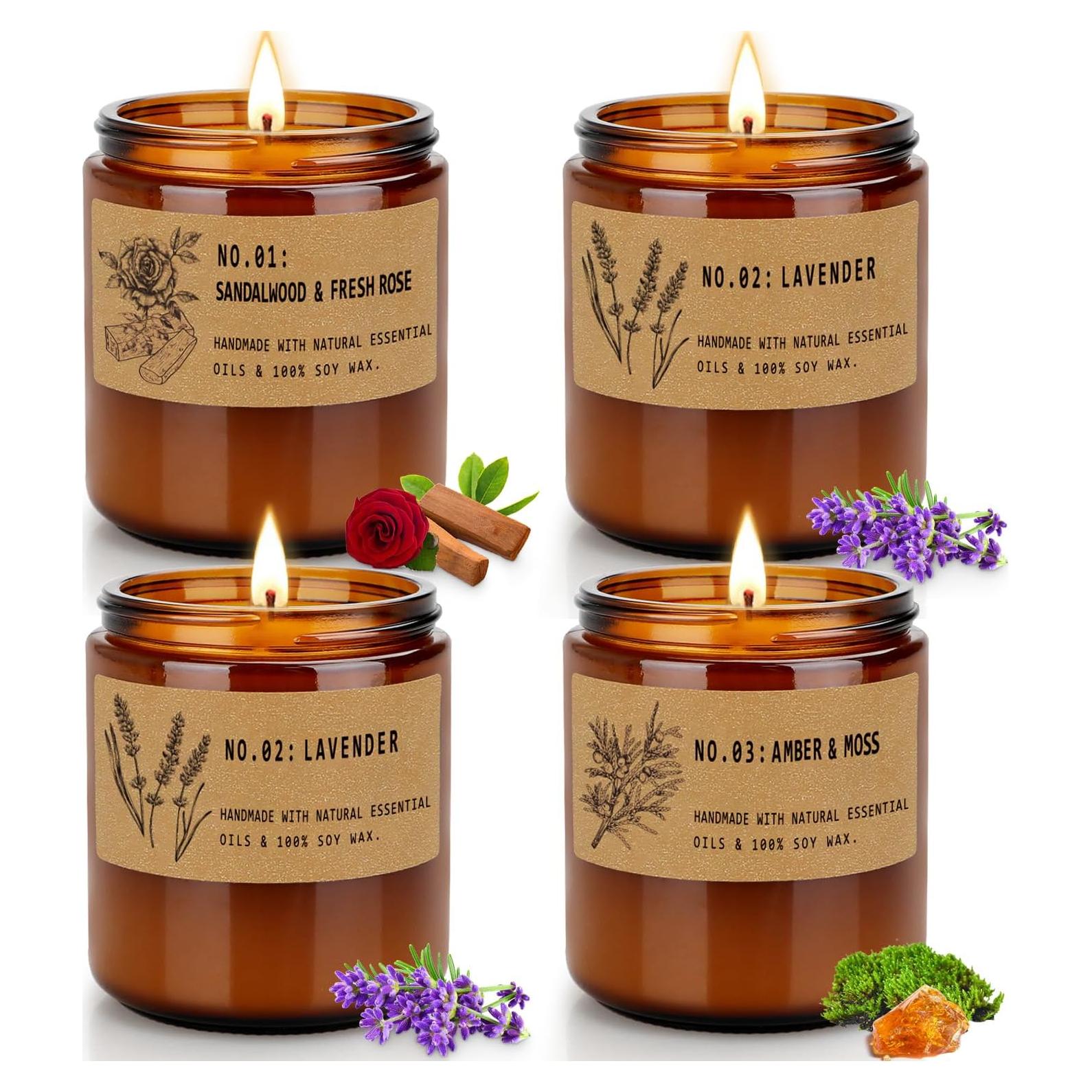 Set de 4 Velas Aromáticas de Soja FKJOL - Lavanda, Sándalo, Ámbar