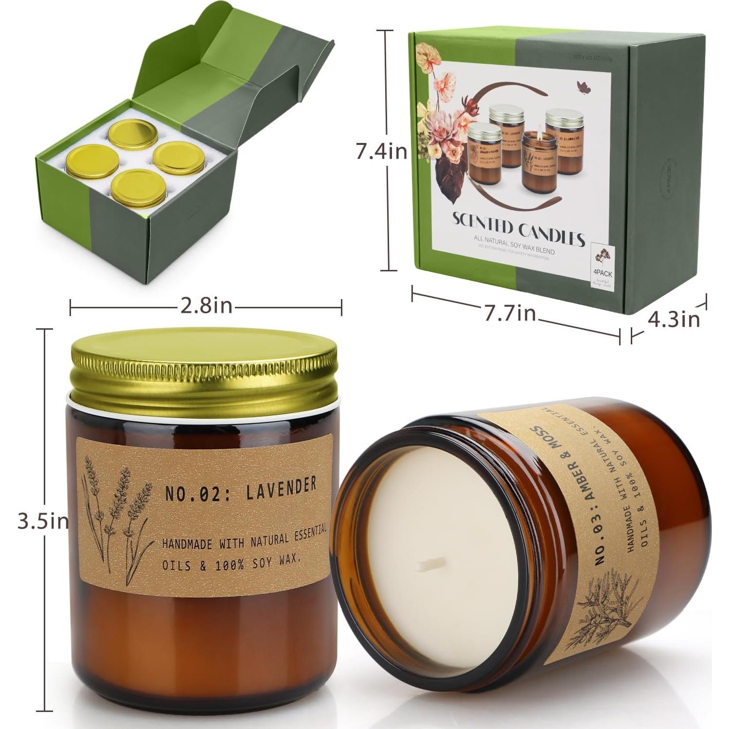 Set de 4 Velas Aromáticas de Soja FKJOL - Lavanda, Sándalo, Ámbar