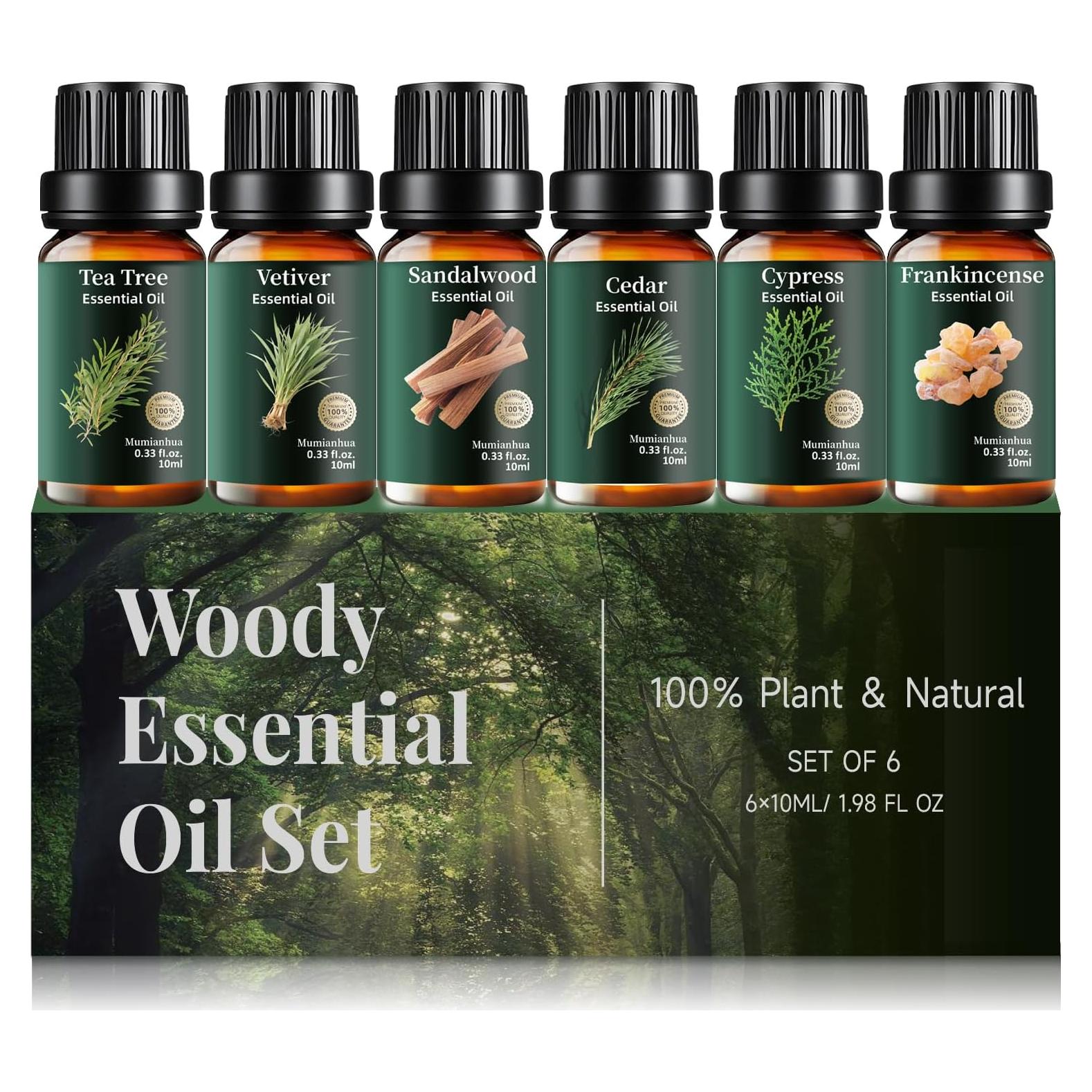 Juego de Aceites Esenciales Woody 6x10ml - Sándalo, Cedro, Árbol de Té