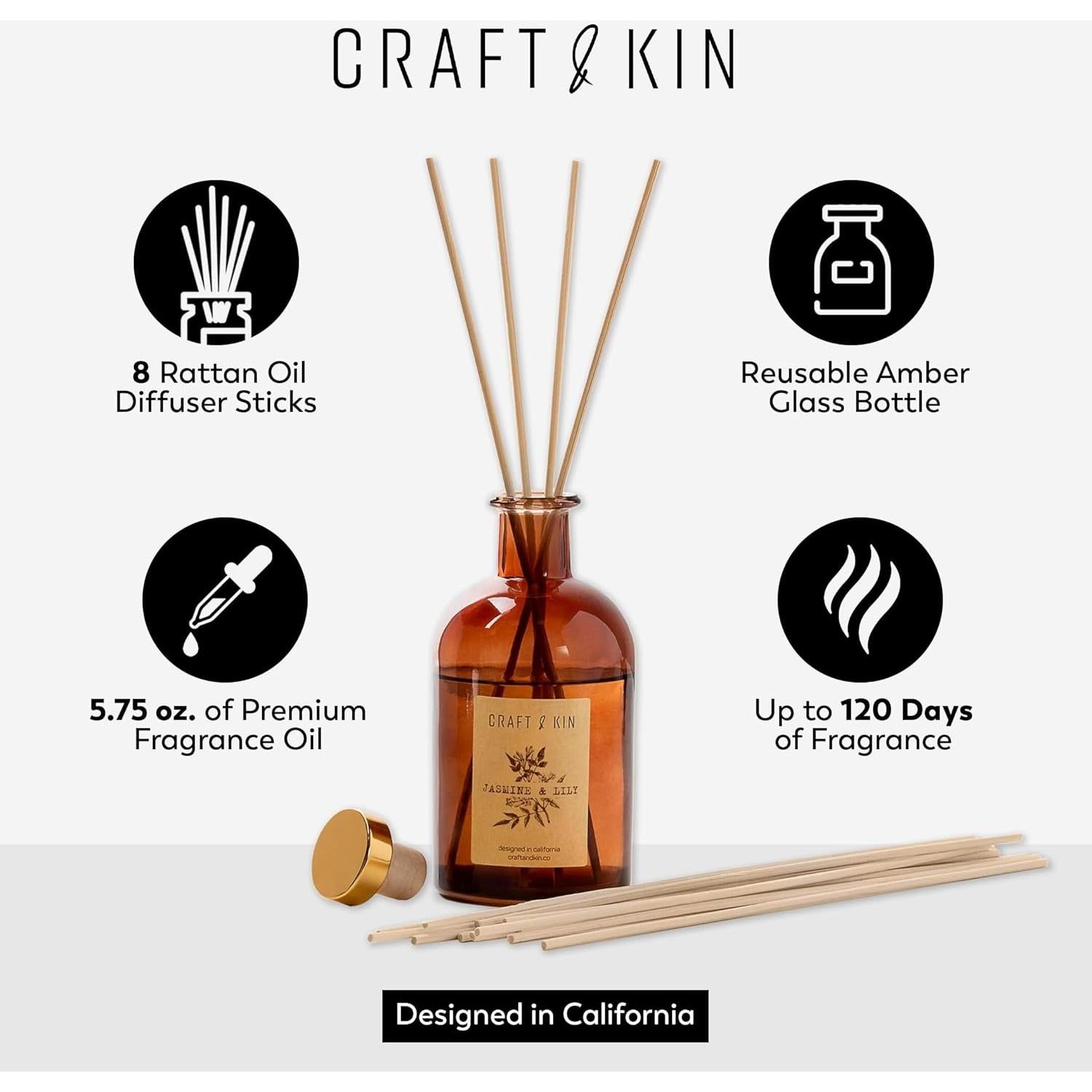 Difusor de caña Craft & Kin 163 ml Jazmín y Lirio Aromático