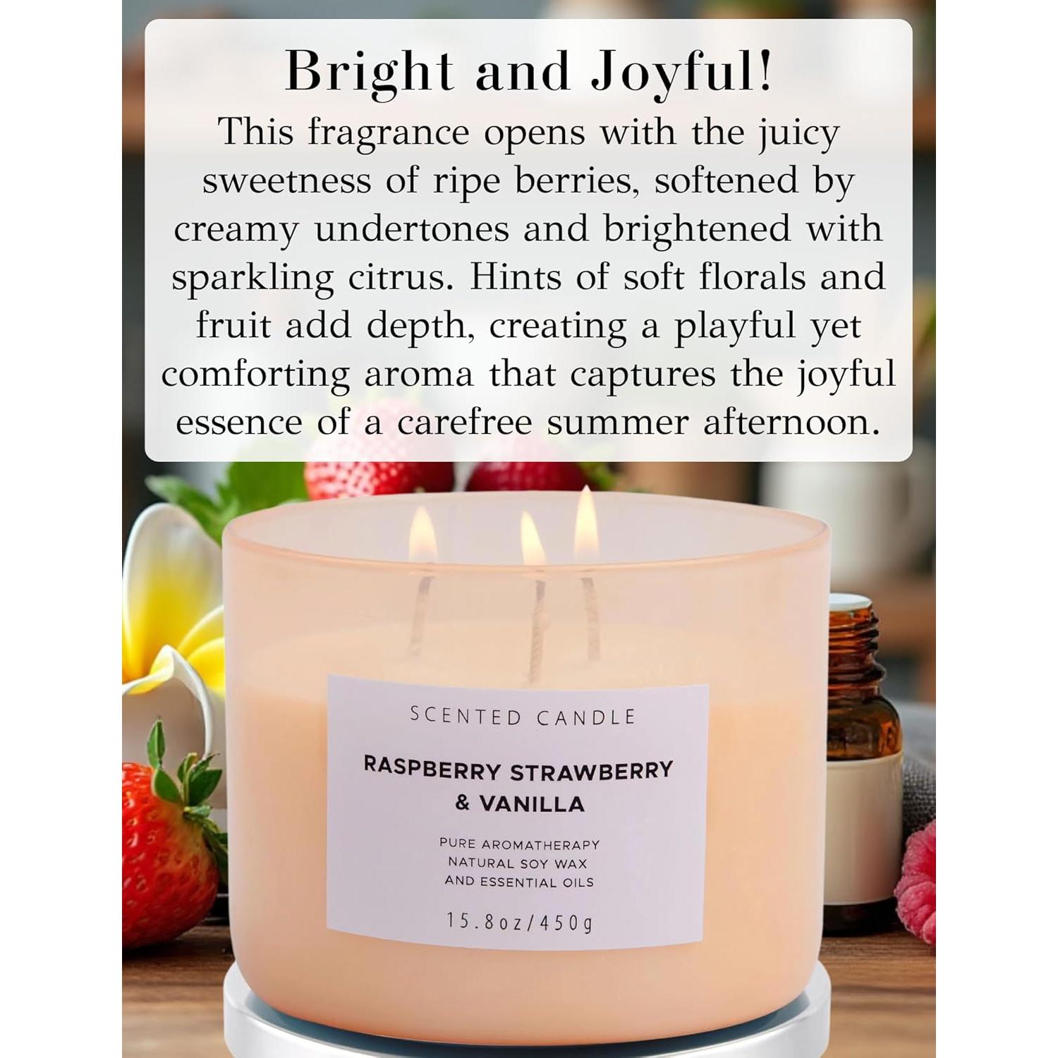 Vela Aromática de Soja T&H 3 Mechas Frambuesa Fresa Vainilla 450g