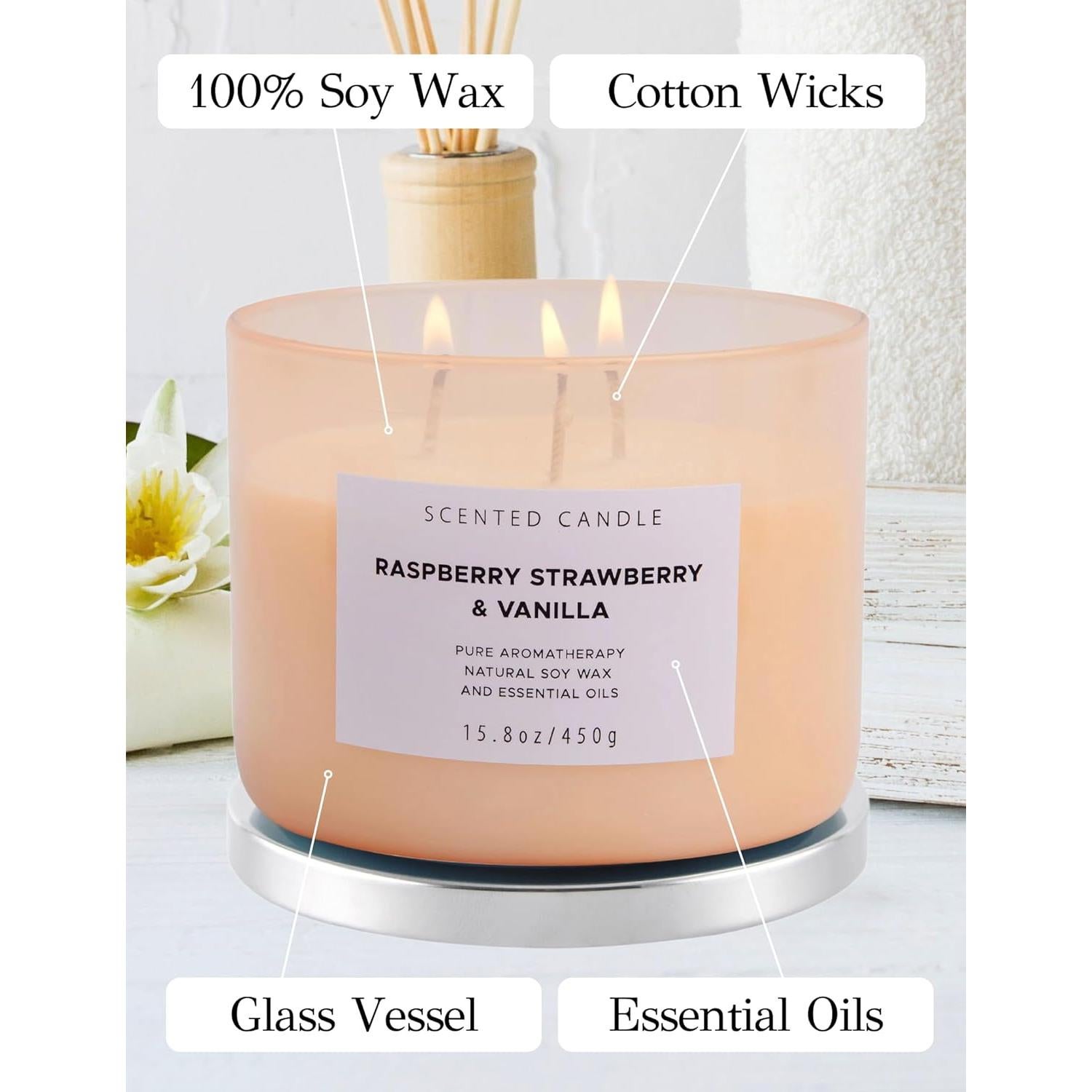 Vela Aromática de Soja T&H 3 Mechas Frambuesa Fresa Vainilla 450g