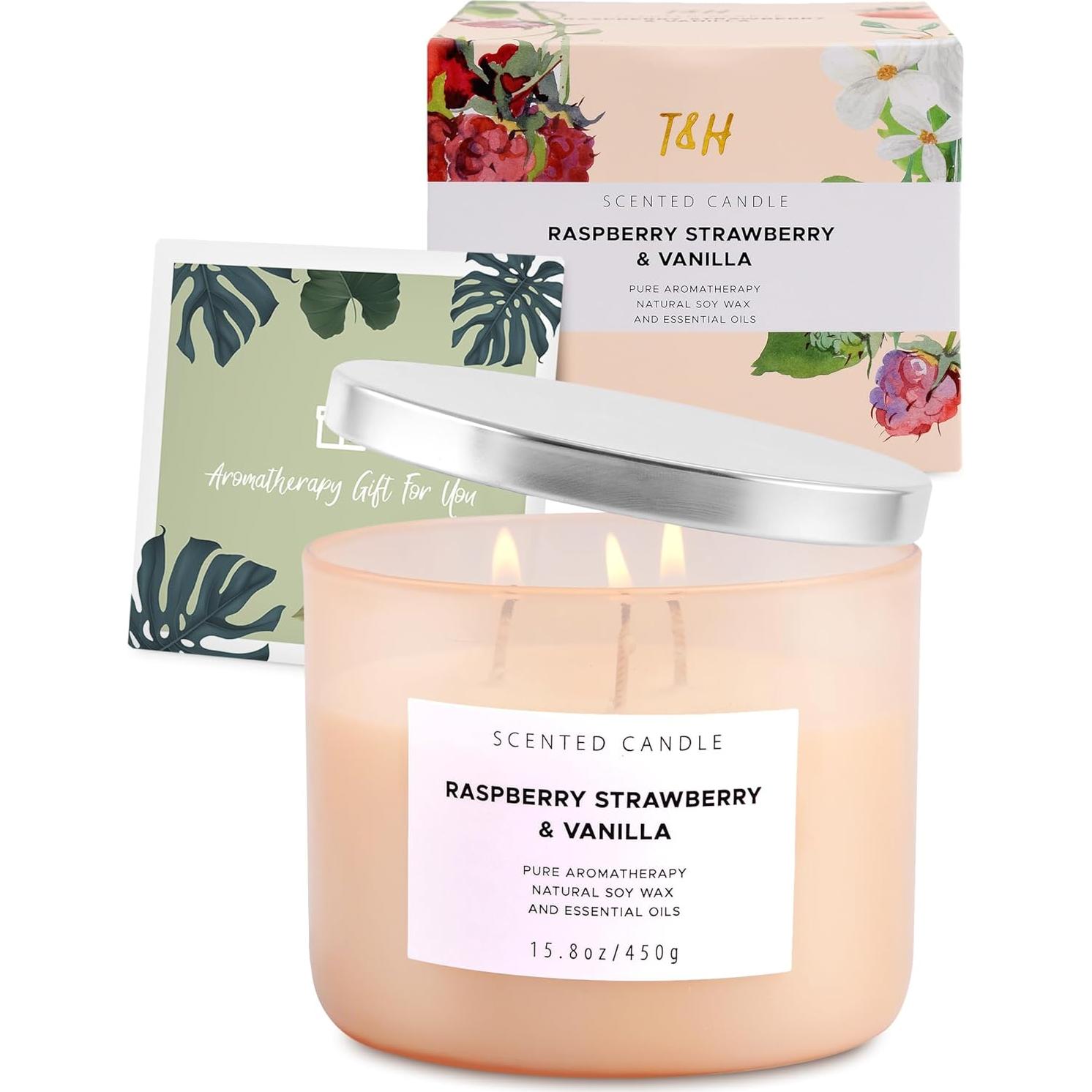 Vela Aromática de Soja T&H 3 Mechas Frambuesa Fresa Vainilla 450g