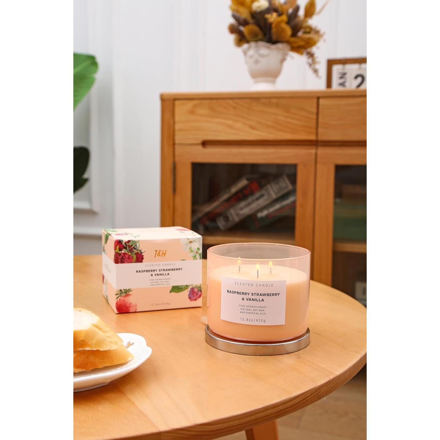 Vela Aromática de Soja T&H 3 Mechas Frambuesa Fresa Vainilla 450g