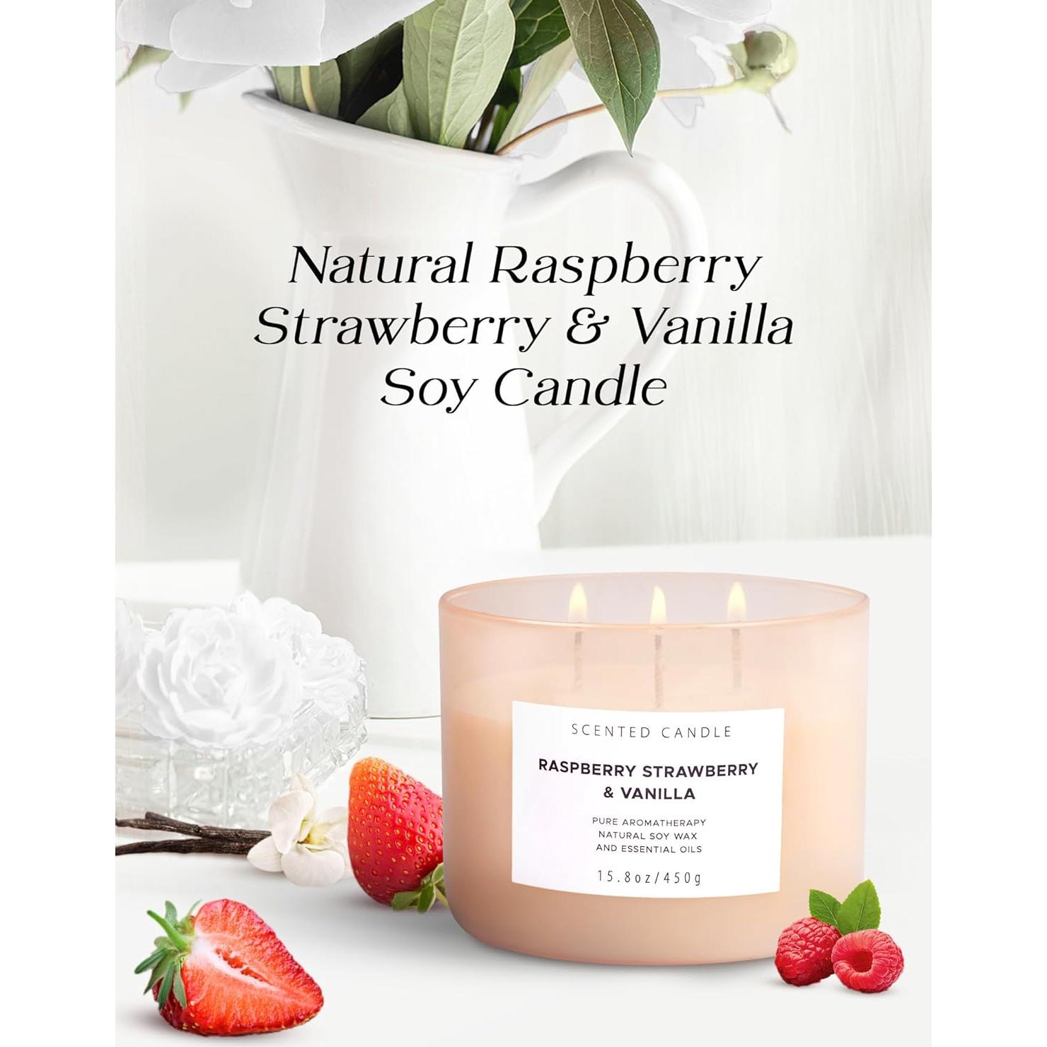 Vela Aromática de Soja T&H 3 Mechas Frambuesa Fresa Vainilla 450g