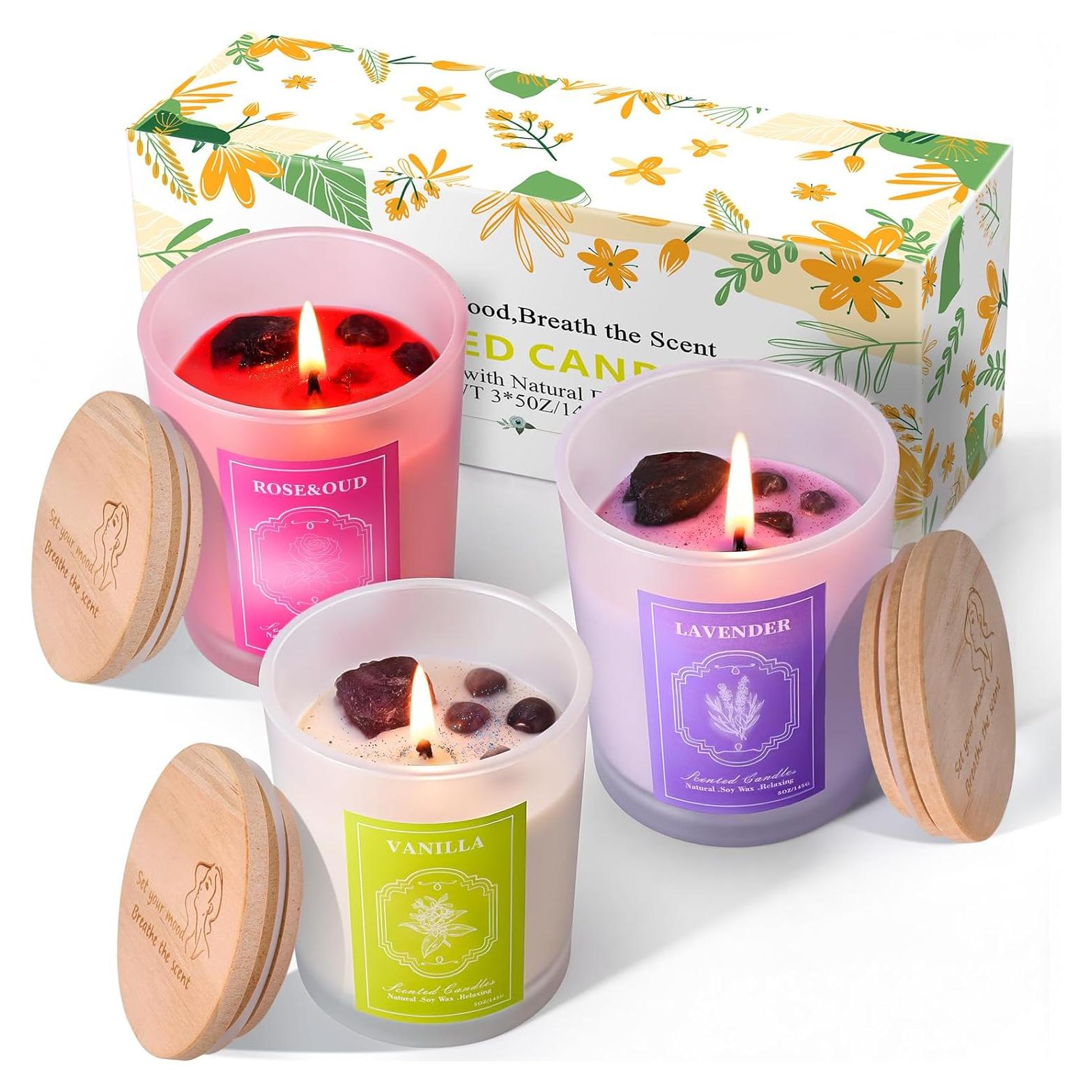 Set de 3 Velas Aromáticas de Soja LURNOFY 15Oz Lavanda/Vainilla/Rosa