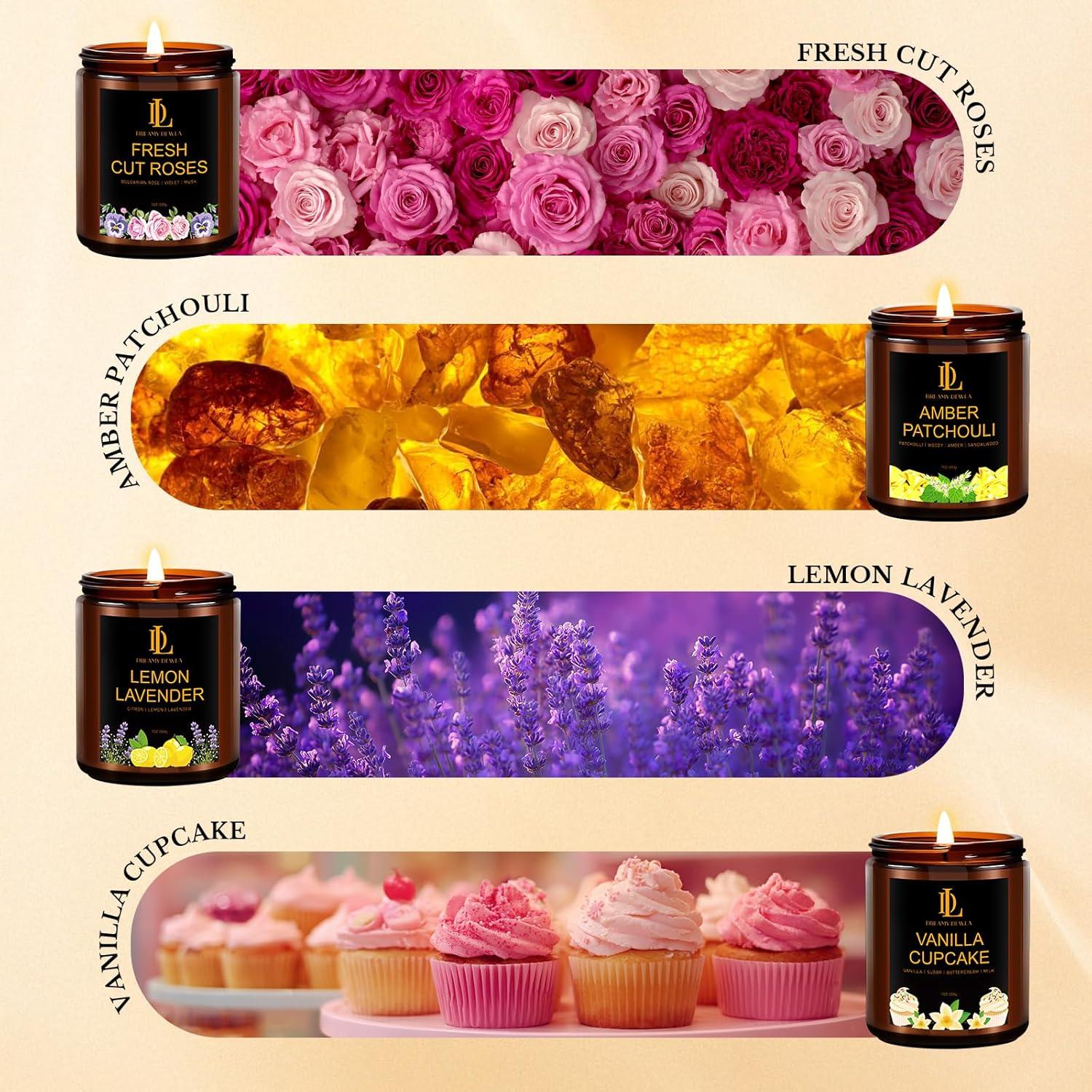 Juego de 4 Velas Aromáticas DL DREAMY DEWLA 793 g - Rosas, Lavanda, Vainilla, Pachulí