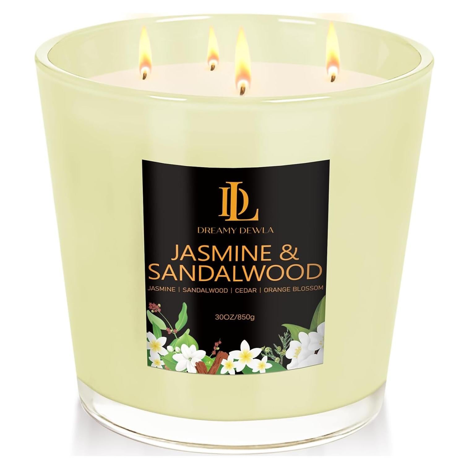 Vela Aromática Grande 30oz Soja Natural 4 Mechas Jazmín y Sándalo