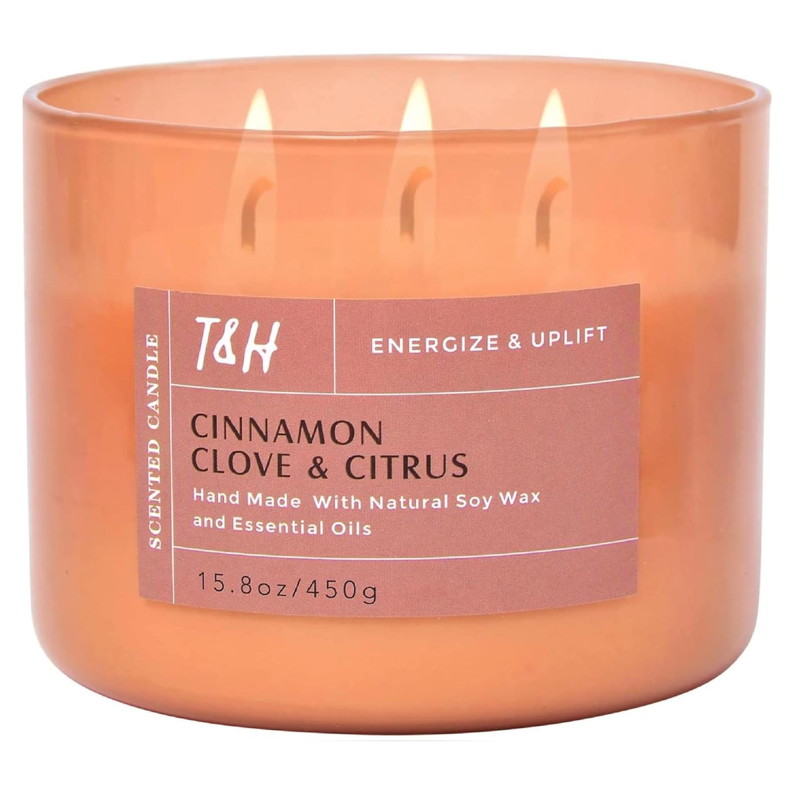 Vela Aromática de Soja T&H 3 Mechas Canela Clavo Cítricos 447g