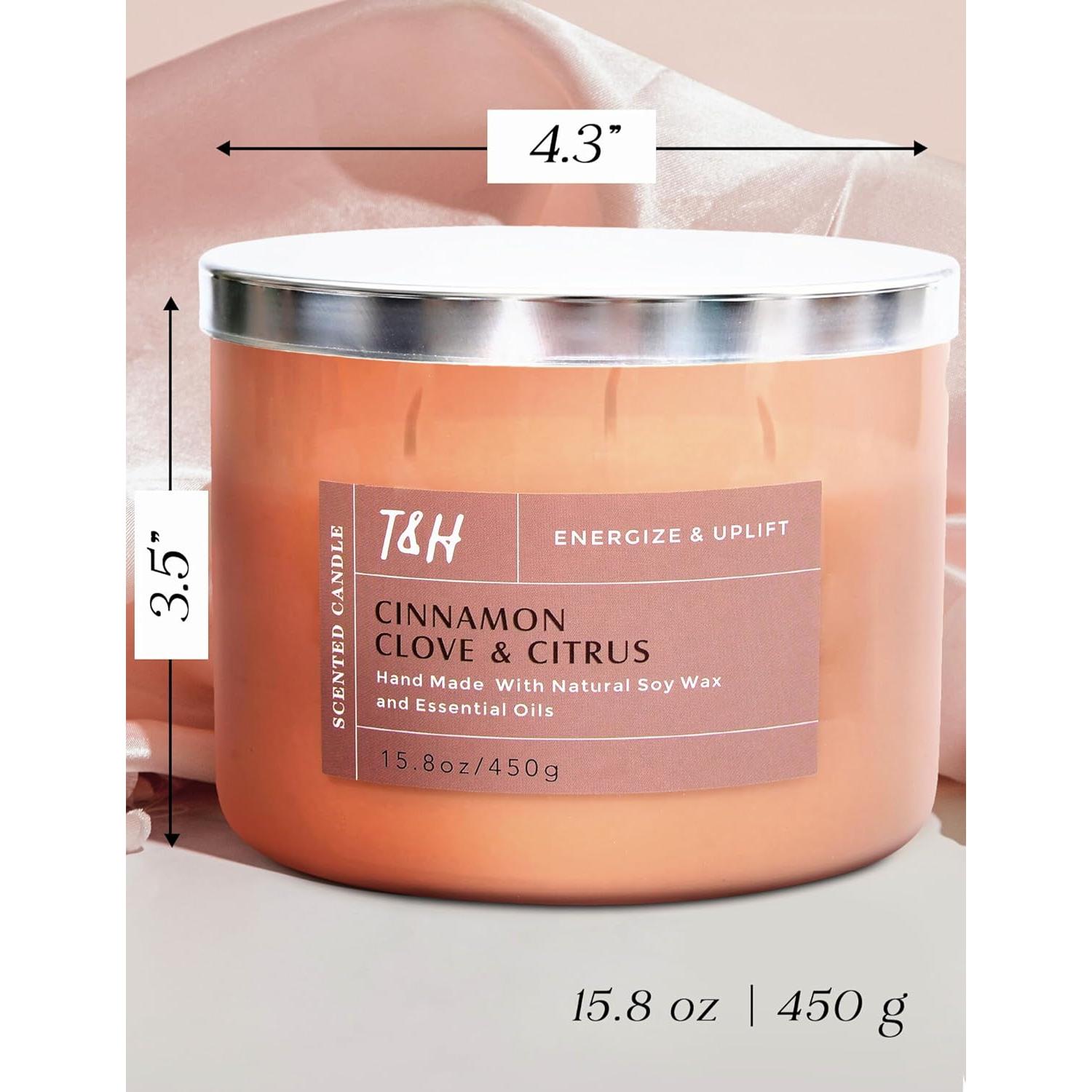 Vela Aromática de Soja T&H 3 Mechas Canela Clavo Cítricos 447g