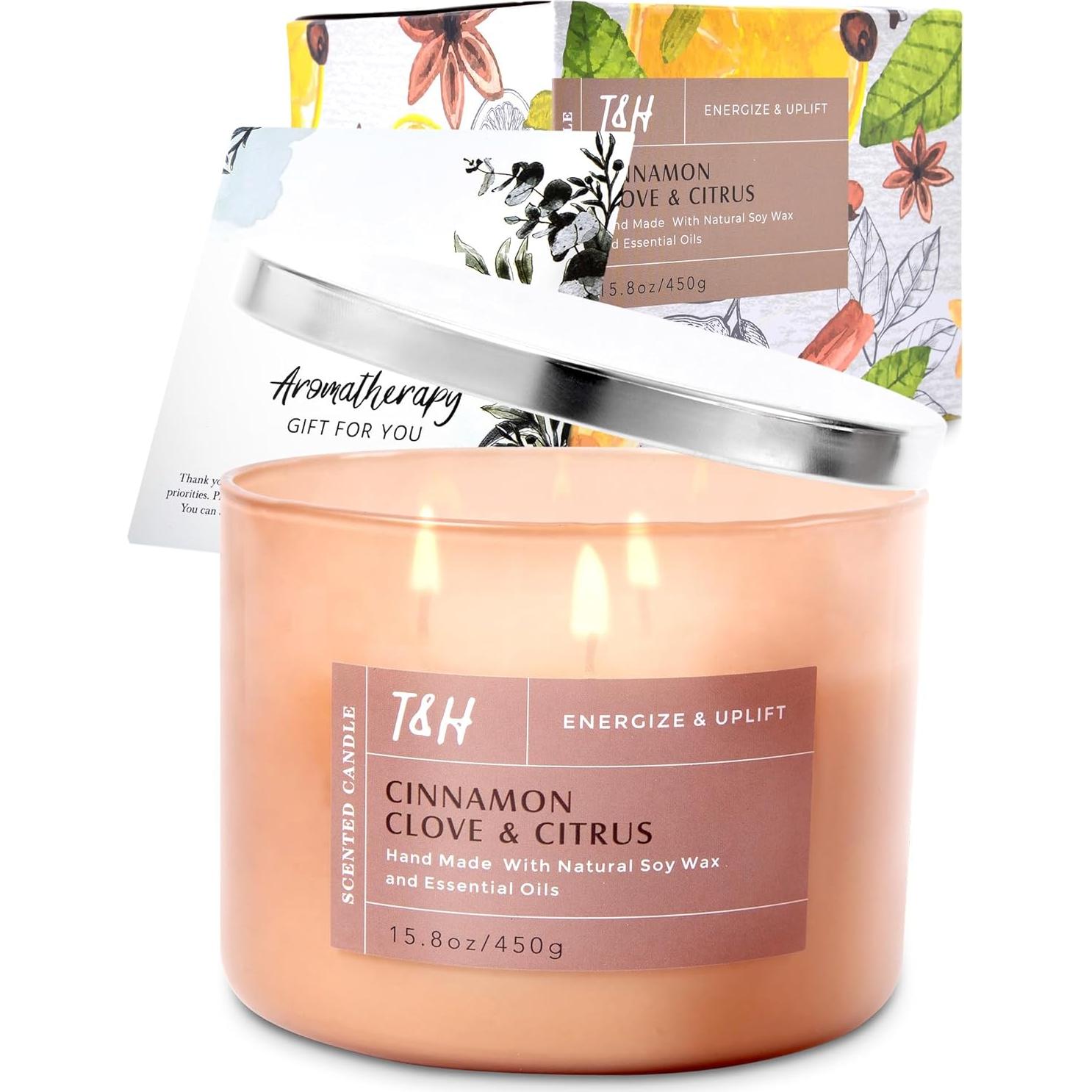 Vela Aromática de Soja T&H 3 Mechas Canela Clavo Cítricos 447g