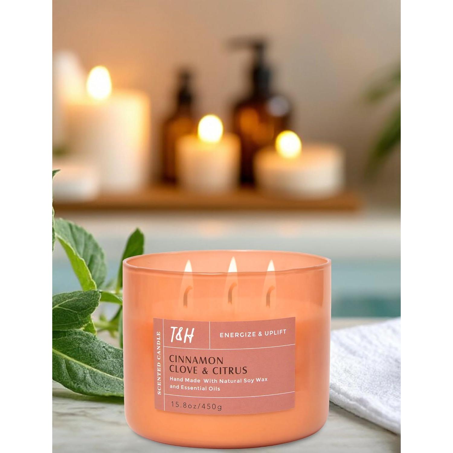 Vela Aromática de Soja T&H 3 Mechas Canela Clavo Cítricos 447g