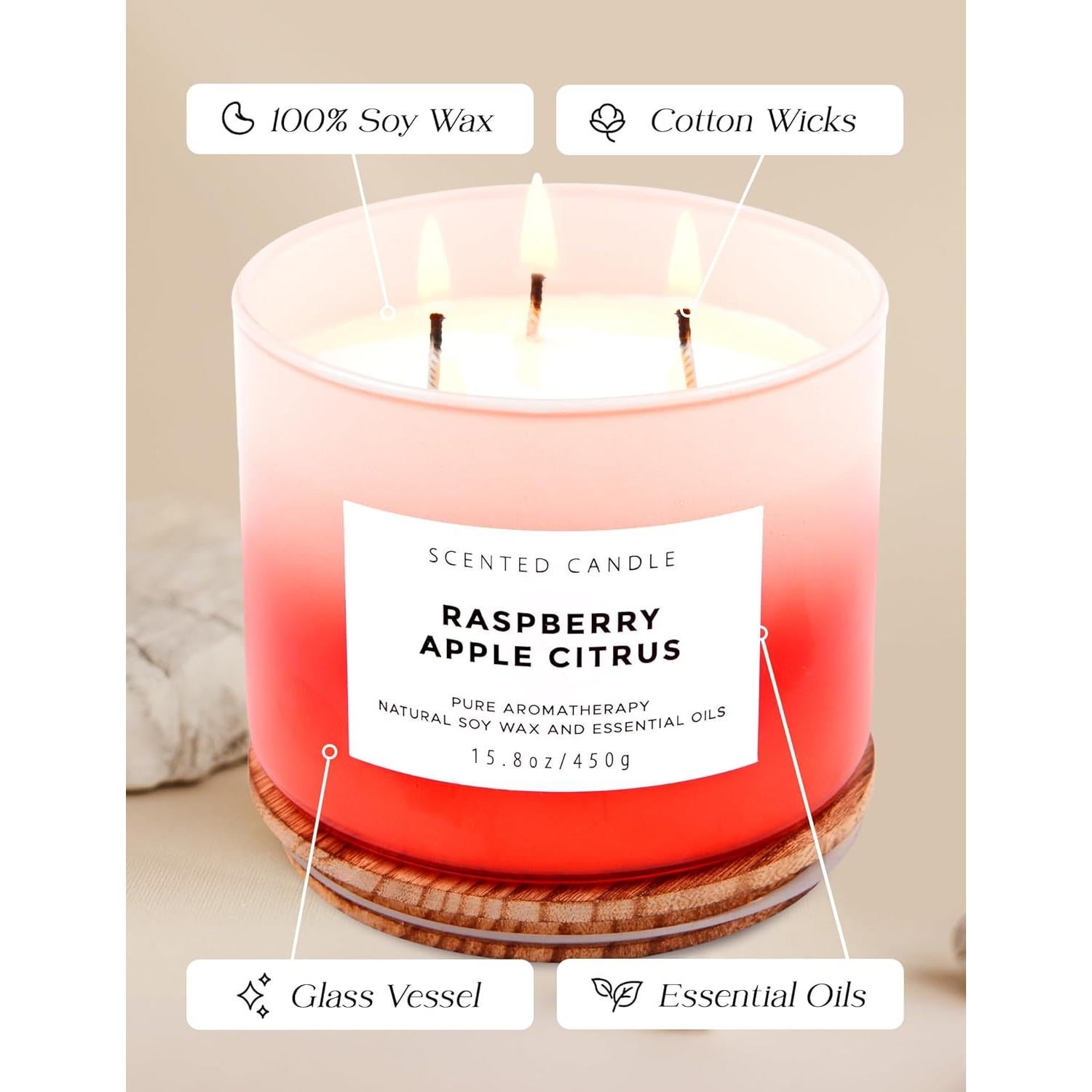 Vela Aromática de Soja T&H 3 Mechas 473 ml Frambuesa Manzana