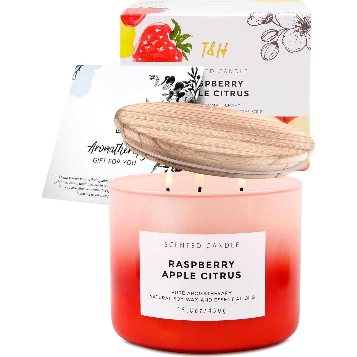 Vela Aromática de Soja T&H 3 Mechas 473 ml Frambuesa Manzana