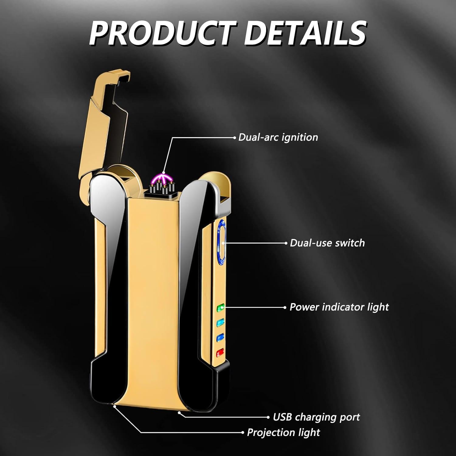 Encendedor Eléctrico Recargable USB BABOBIU Oro con Luz Proyectora