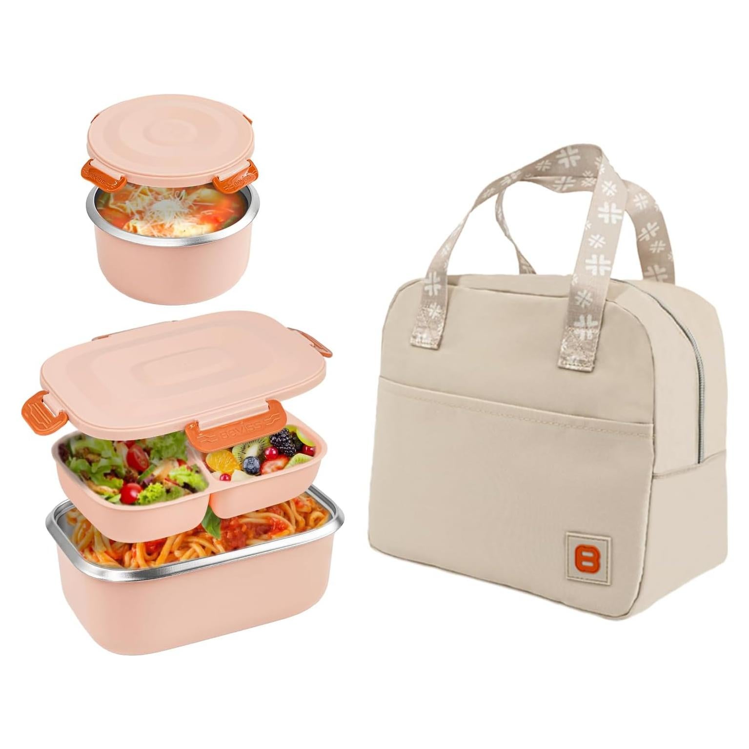 Caja Bento Beviss de Acero Inoxidable 18/8 Rosa con Tarro y Bolsa