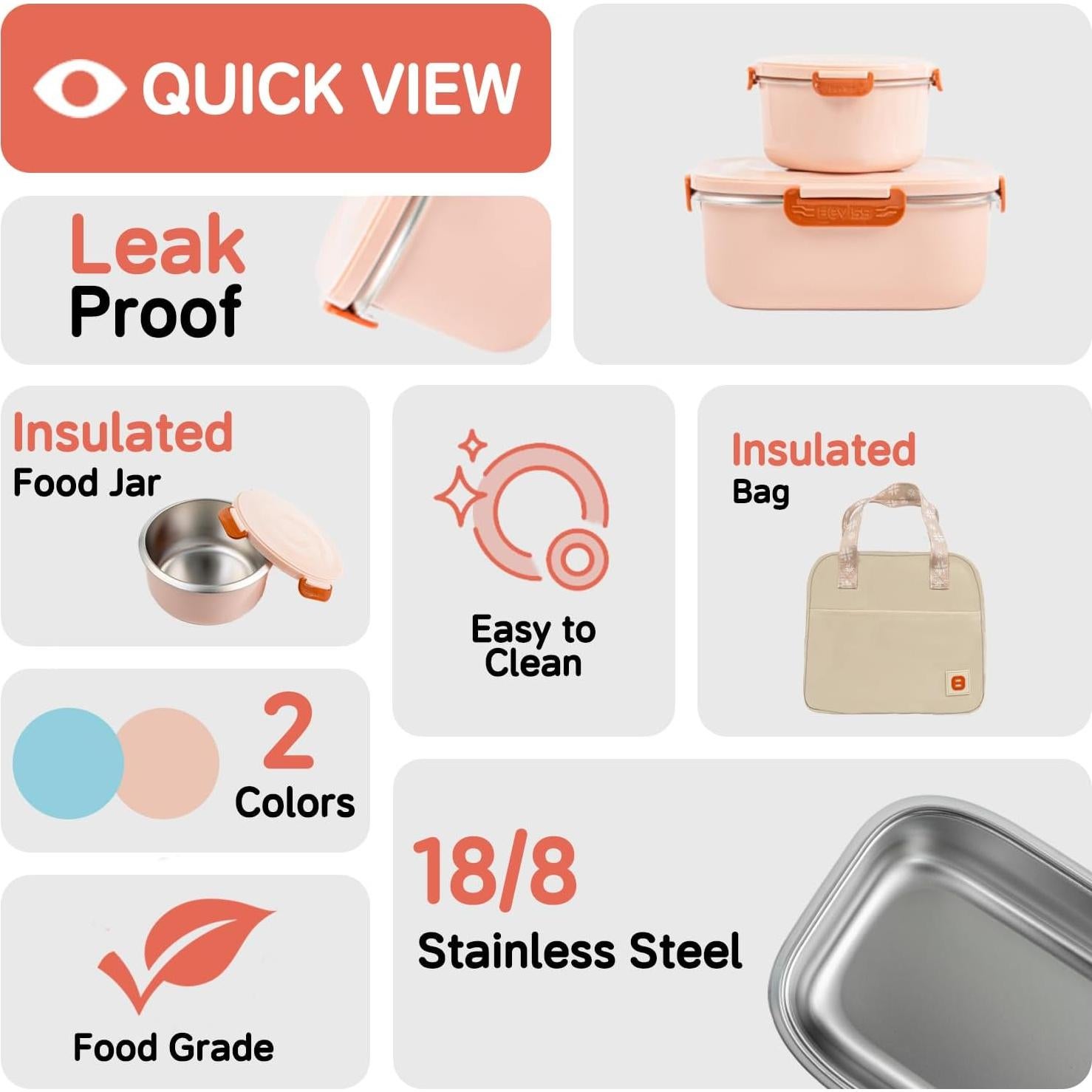 Caja Bento Beviss de Acero Inoxidable 18/8 Rosa con Tarro y Bolsa