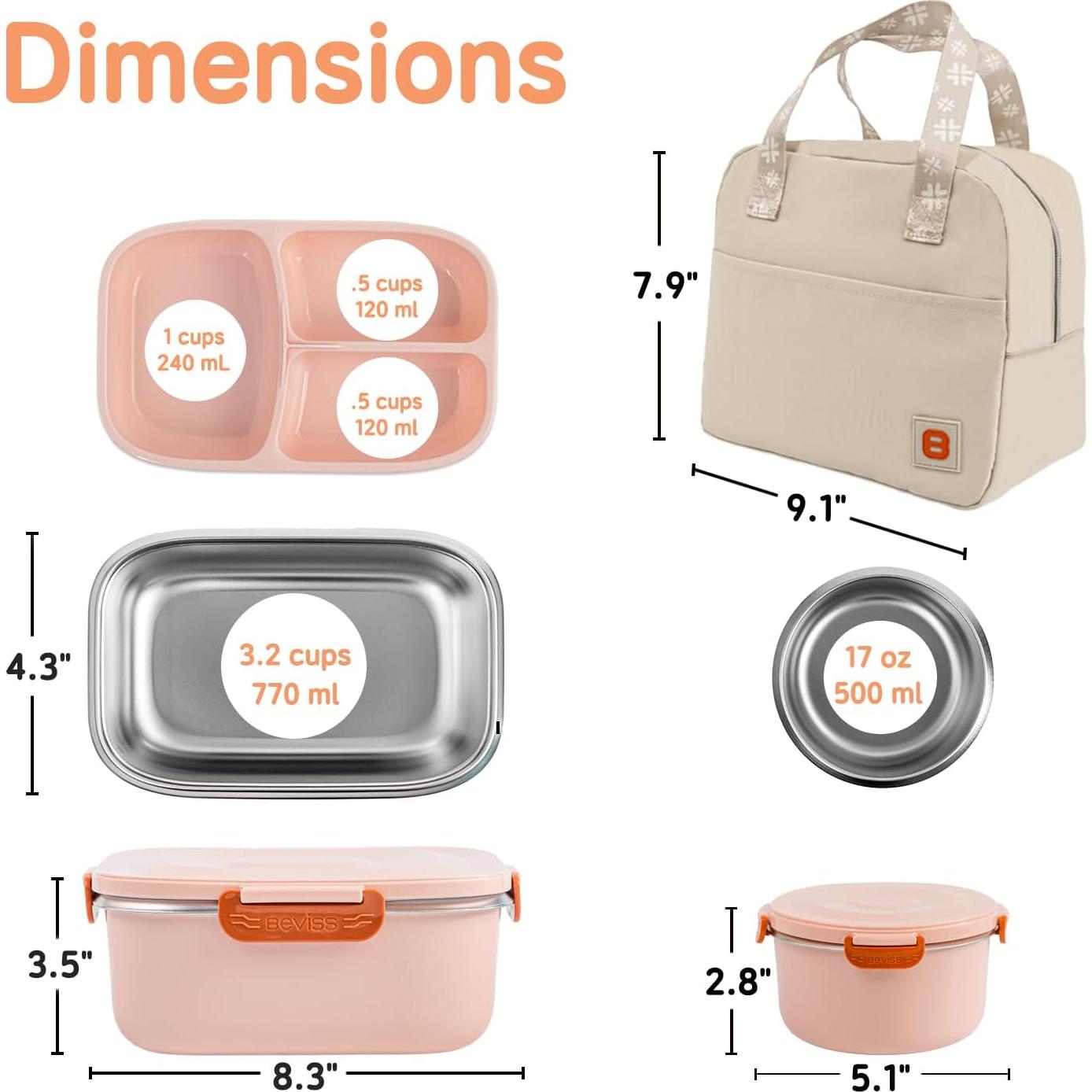 Caja Bento Beviss de Acero Inoxidable 18/8 Rosa con Tarro y Bolsa